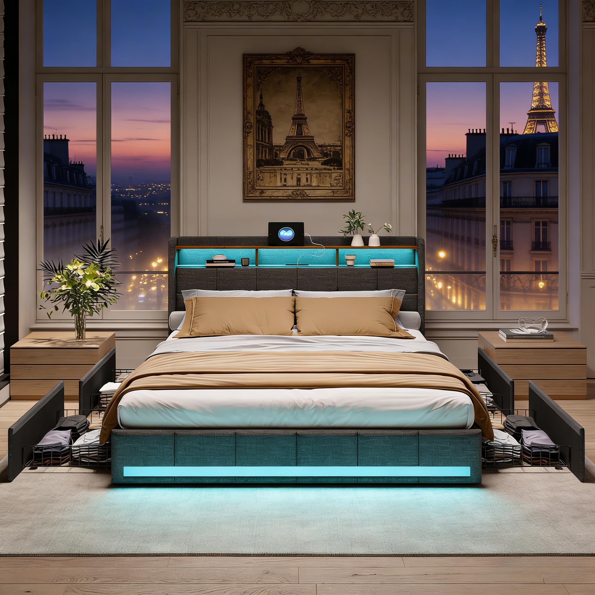 Boxspringbett 140x200 mit Lattenrost，Stilvolles Polsterbett mit Stauraum, 4 Schubladen, Individueller LED-Beleuchtung, USB und Typ-C-Anschlüssen, Modernes Graues Design für optimalen Komfort