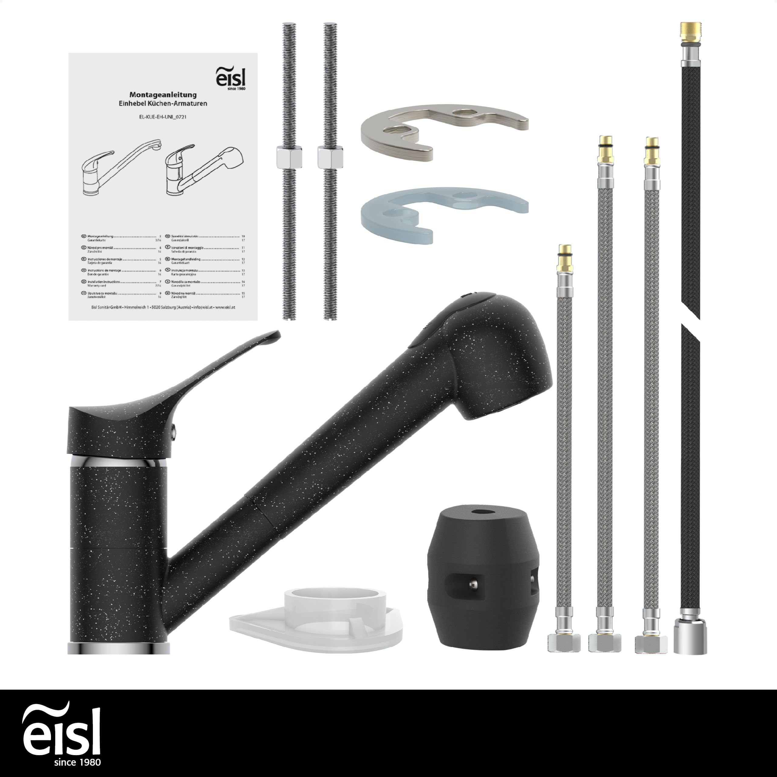 EISL GRANIT NI183SMCR Robinet d'évier avec douchette à 90° orientable Idéal pour double évier, robinet de cuisine, mitigeur monocommande avec douchette, noir