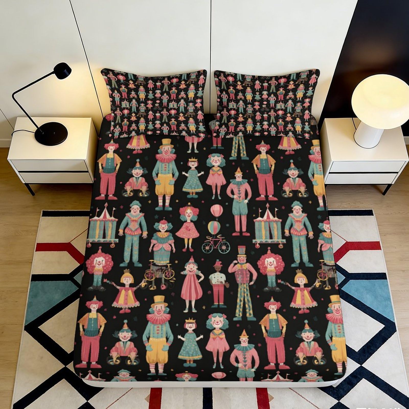 3D Printed Circus Clown Fitted Sheet Microfiber Soft Colorful Carnival Bed Cover for Bedroom Dorm Mattress Protection Decor 90x200x25cm