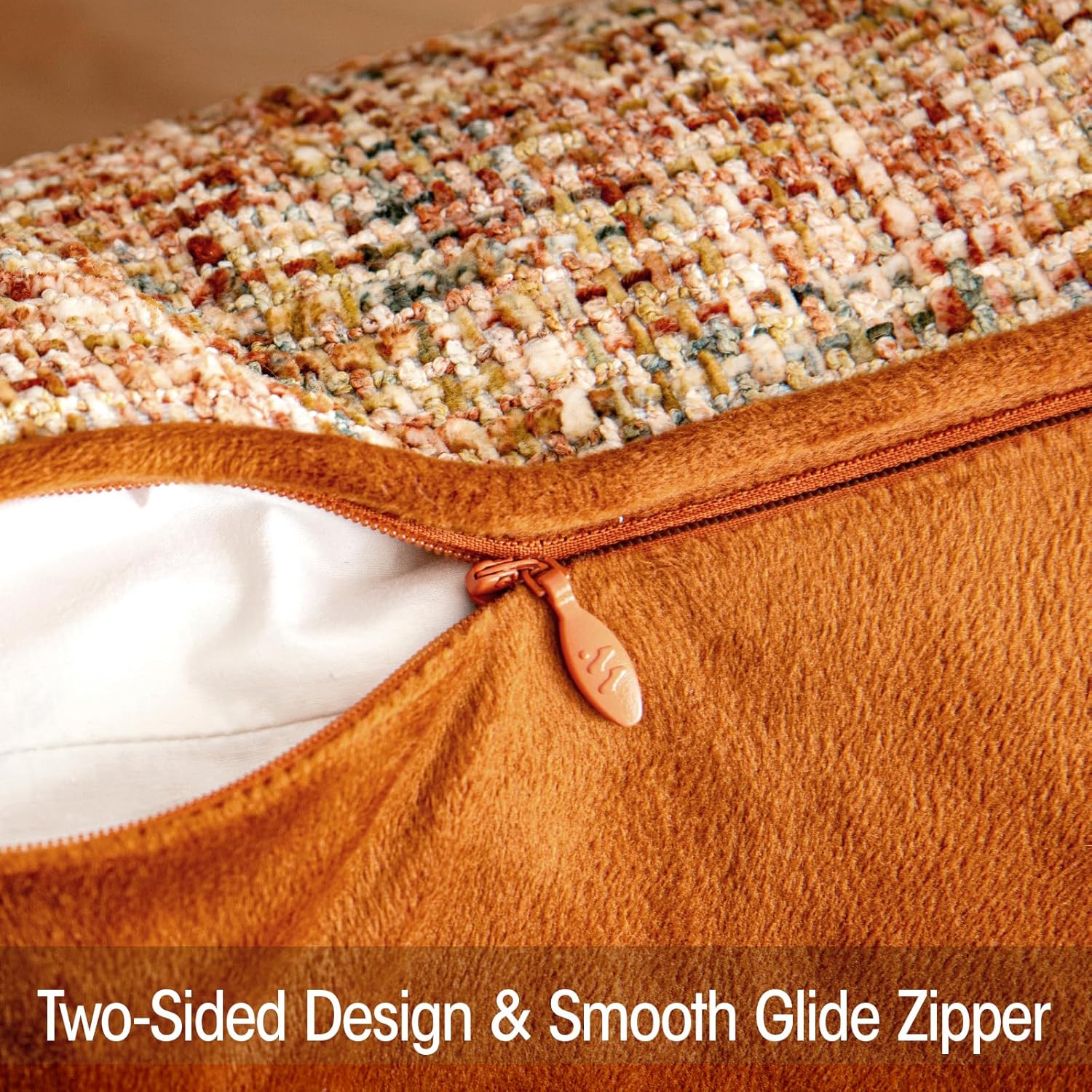 a moment Rust Orange Reversible Pillow Covers 2 Pack - Farmhouse Chenille Throw Pillows, Neutral Textured Decorative Throw Pillow Covers with Border for Couch Sofa Bed (18x18 Inch, No Insert) - Image 6