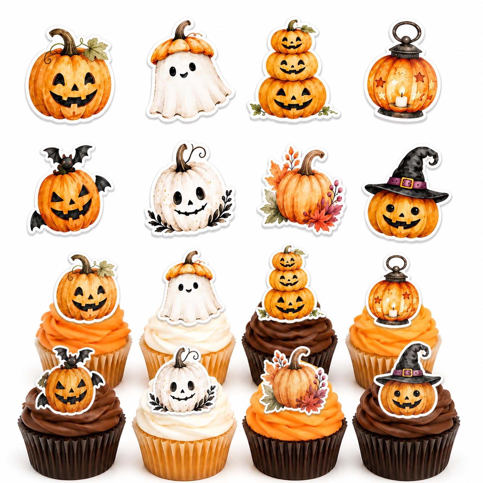 ALLAVA 48 Pcs Halloween Cake Decorations Edible Pumpkin Cupcake Toppers