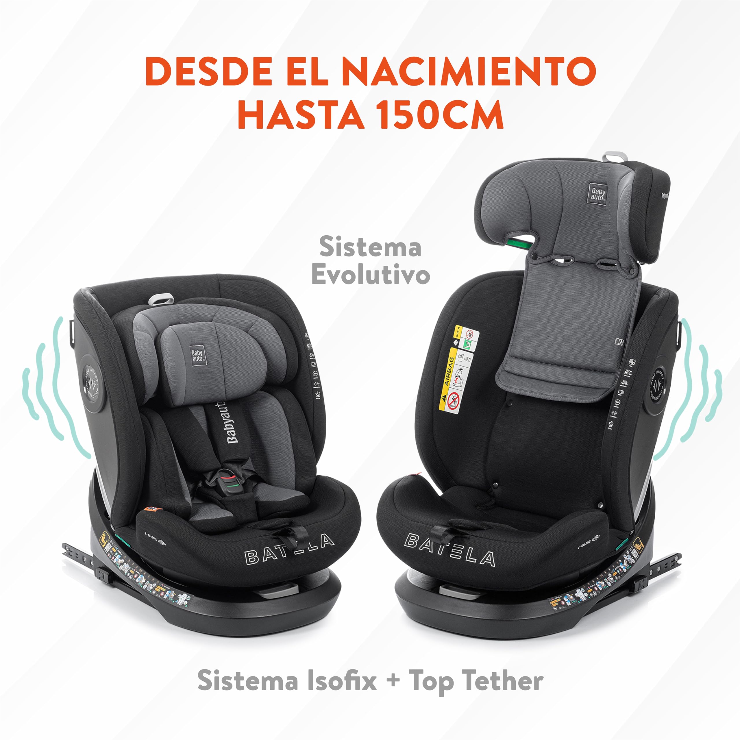 BABYAUTO – Silla de Coche Batela iFix i-Size (0-12 Años, 40-150 cm, 0-36 kg) – Giratoria 360° – ISOFIX + Top Tether – A Contramarcha hasta 105 cm – Arnés 5 Puntos – Protección Lateral – Gris