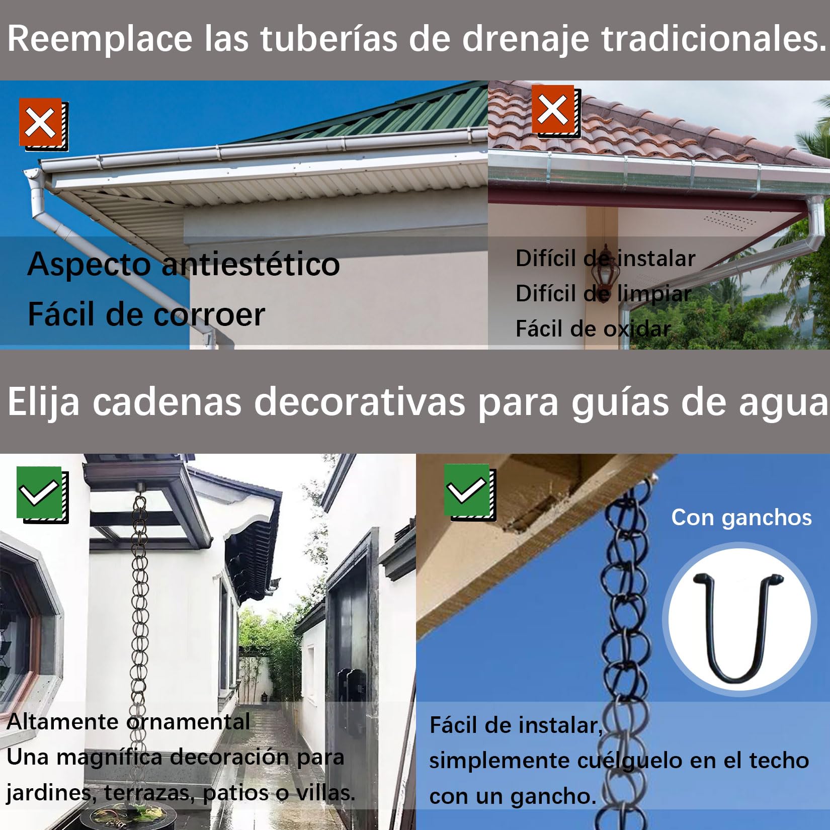 Cadena del Colector de Lluvia del Metal,Cadena de Lluvia Exterior,Agua de Lluvia de los Bajantes de los Canales,Desviador del,para Casa, Jardín, Exterior,Temple Villa 3m(10ft)