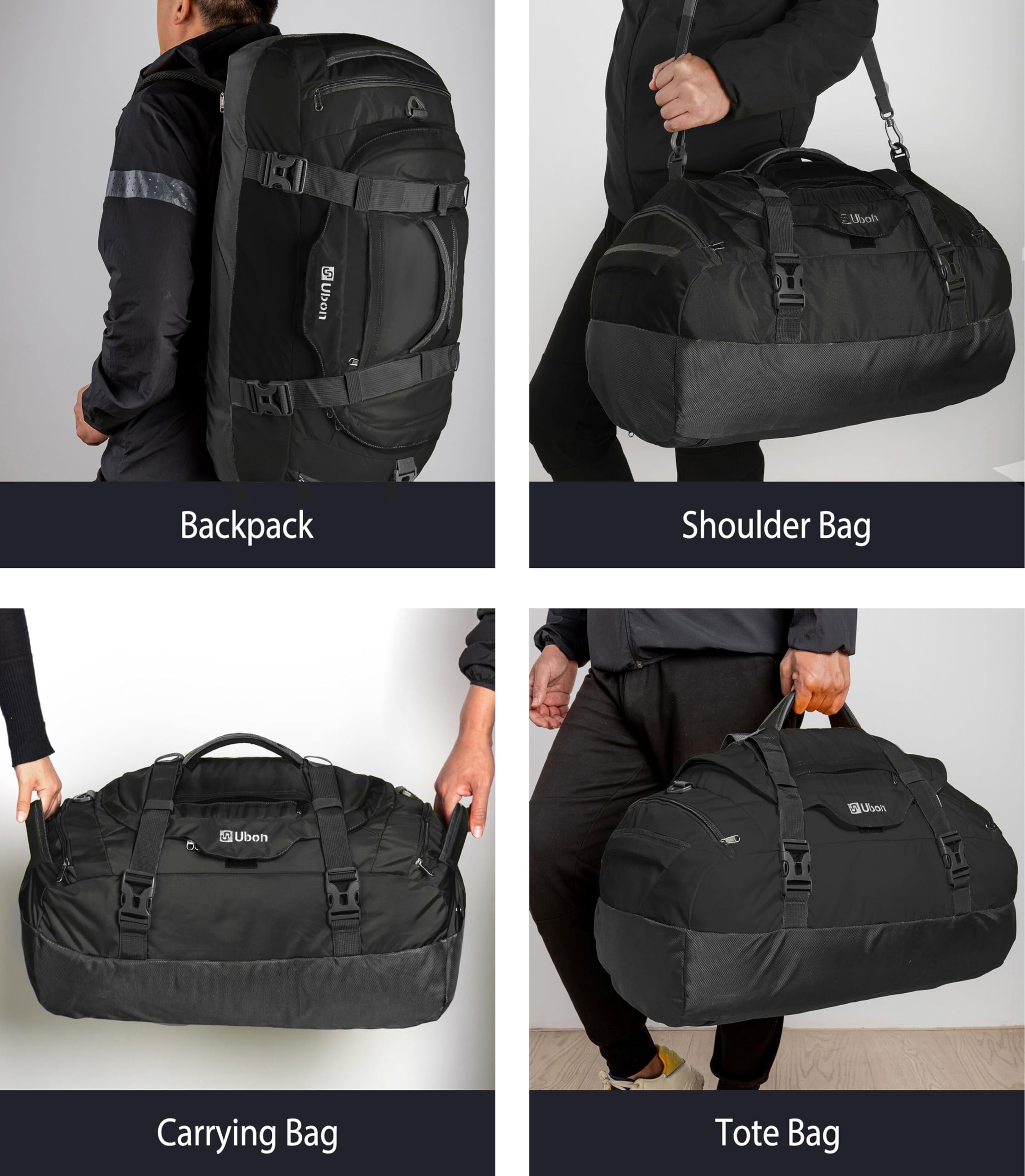 Ubon Borsone da Viaggio Grande Capacità Zaino con Spazio Vano Biancheria Ventilato Scomparto Scarpe Tasche Multiple Tote Borsa Sportiva Palestra Campeggio Spiaggia Unisex Nero 80L