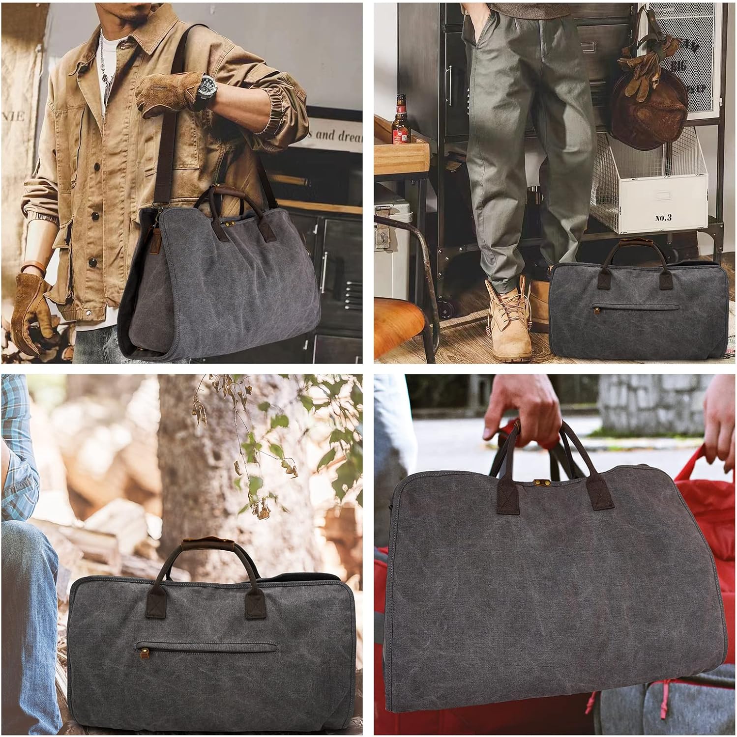 2 in 1 Suit Garment Duffle Convertible Carry-on Bag With Canvas Leather Shoulder Strap for Travel, Business Trips, Storage - Hangding Suit, Clothes, Dresses, Shoes (Gray)