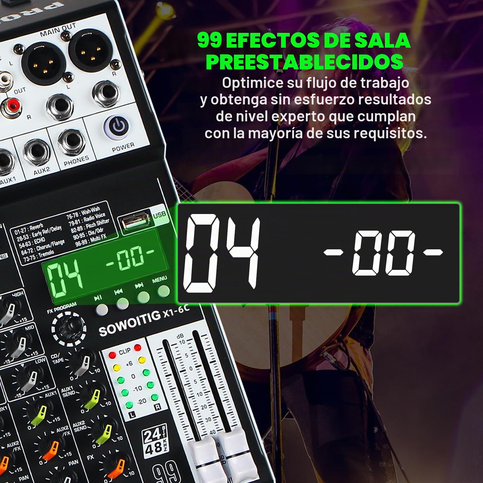 Consola mezcladora de audio de 6 canales con 99 efectos DSP, mezclador digital para DJ, mezclador profesional con USB, Bluetooth, alimentación fantasma de 48 V