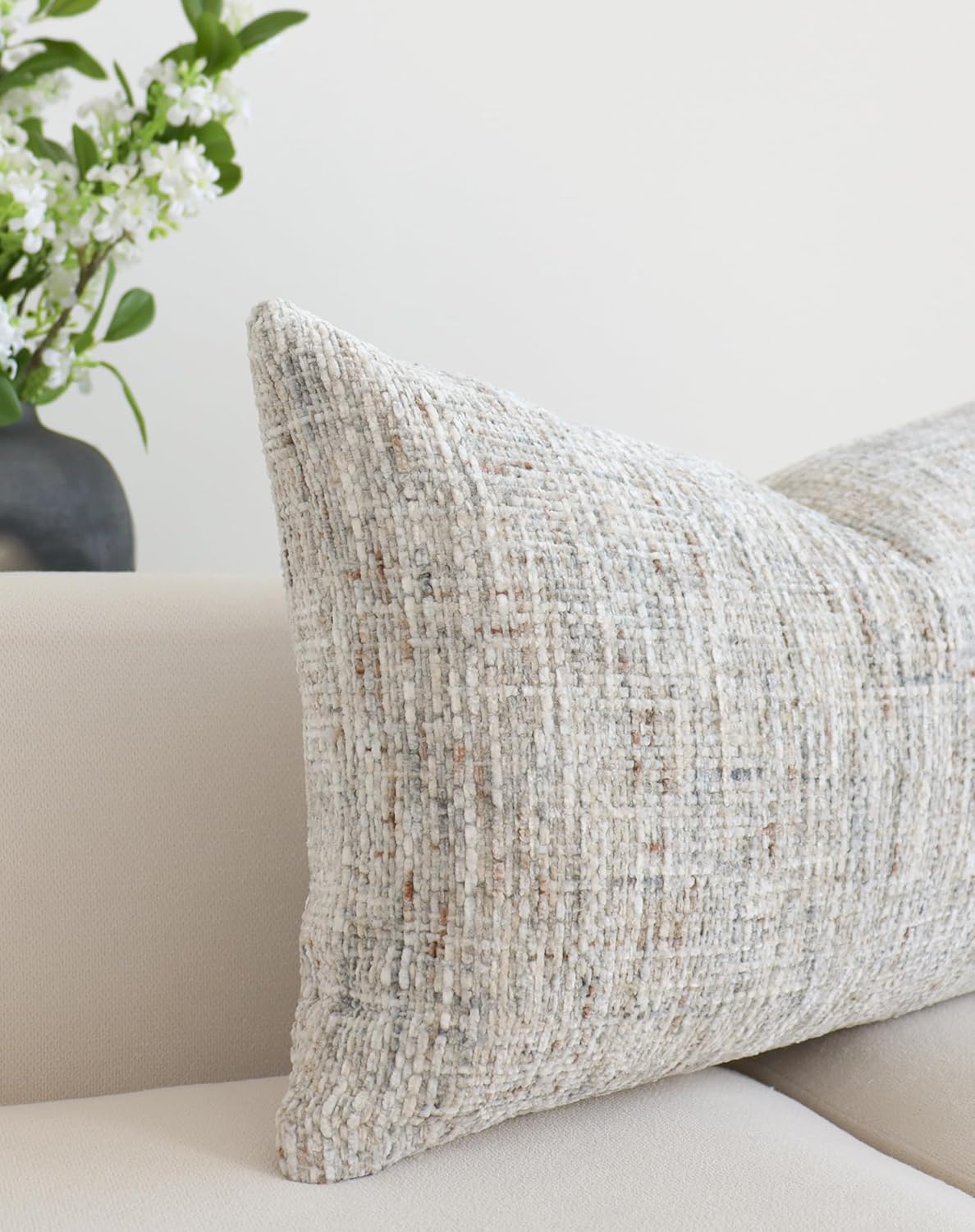 Textured Chenille Decorative Throw Pillow Cover for Bed 14x36 Soft Neutral Woven Lumbar Accent Boho Farmhouse Long Rectangle Cushion Case for Modern Home Decor Couch Sofa Bedroom Living Room
