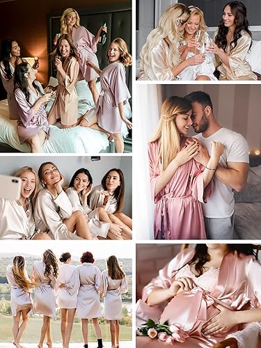 Miniatura 6 de SIORO Bata de satén para mujer, bata corta con cuello en V, mangas 34, bata para novia y damas de honor, ropa de dormir para fiesta de boda