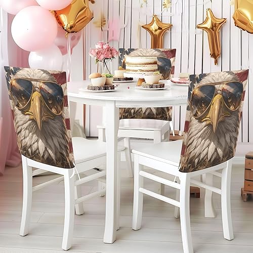 Miniatura 5 de Juego de 6 fundas decorativas para sillas de fiesta de cumpleaños, diseño de pájaro marrón para el 4 de julio, fundas de poliéster lavables para