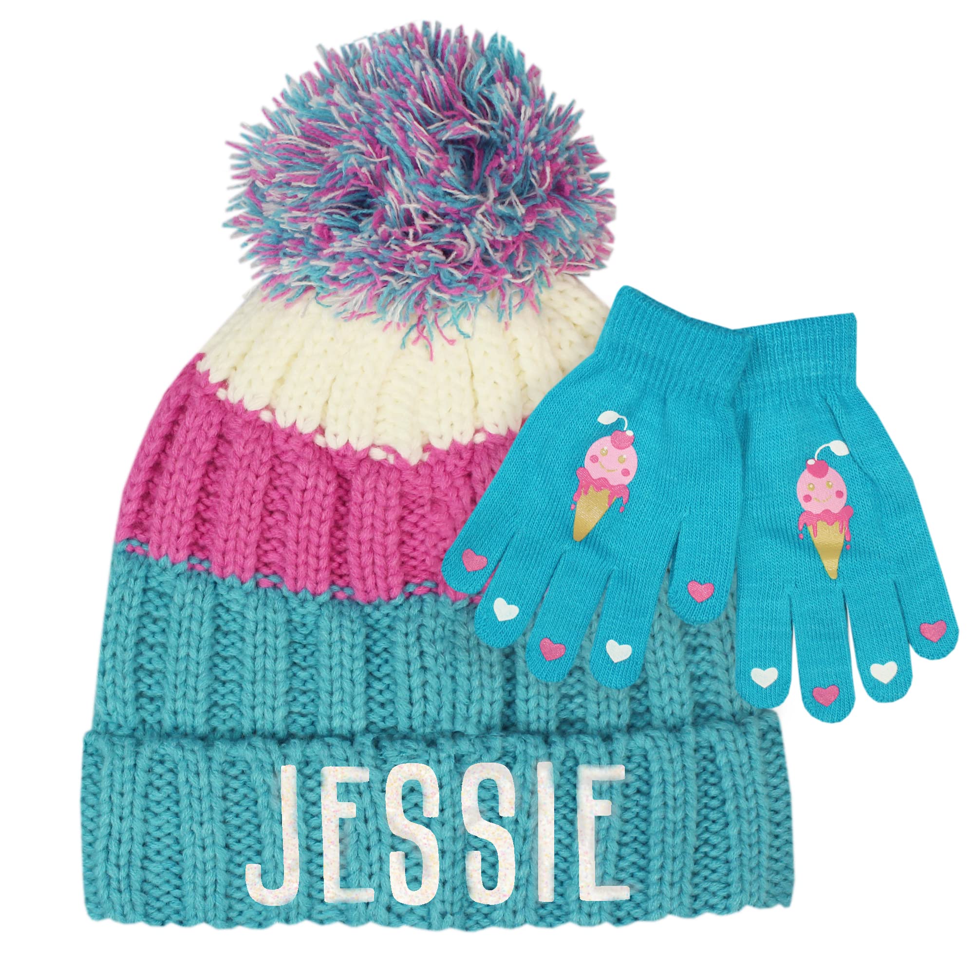 TeddyTs Girls Striped Chunky Knit Bobble Hat with Pom Pom (Turquoise) & Glove Set