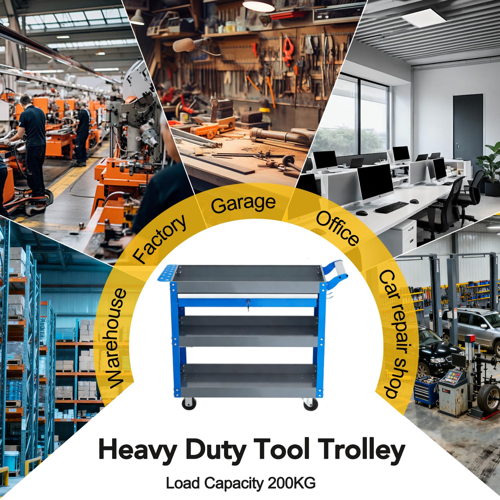 AIRAJ 3-Layer Werkstatt-Rollwagen Montagewagen, with Lockable Drawers and Two-Layer Shelves, Maximum Load Capacity of 200kg, Handwagen Werkstatt that can accommodate Heavy Equipment.