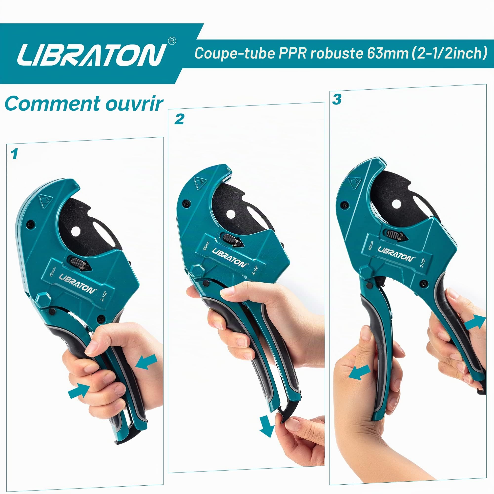 Libraton Coupe-tubes en PVC Libraton 2-1/2" (63mm), grand coupe-PVC, lame améliorée pour usage intensif, coupe-tubes en plastique pour couper les tuyaux en PVC, tuyaux PEX, tuyaux en plastique
