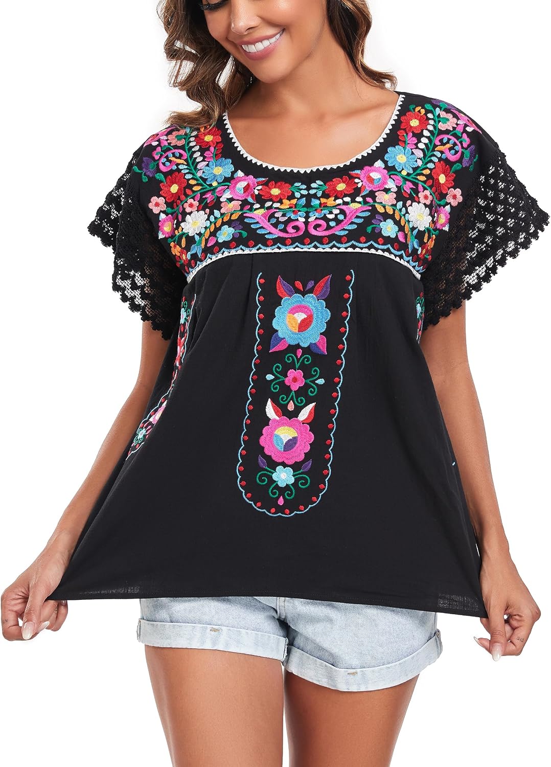 YZXDORWJ Women's Embroidered Mexican Peasant Blouse Mexico Summer Shirt Short Sleeve