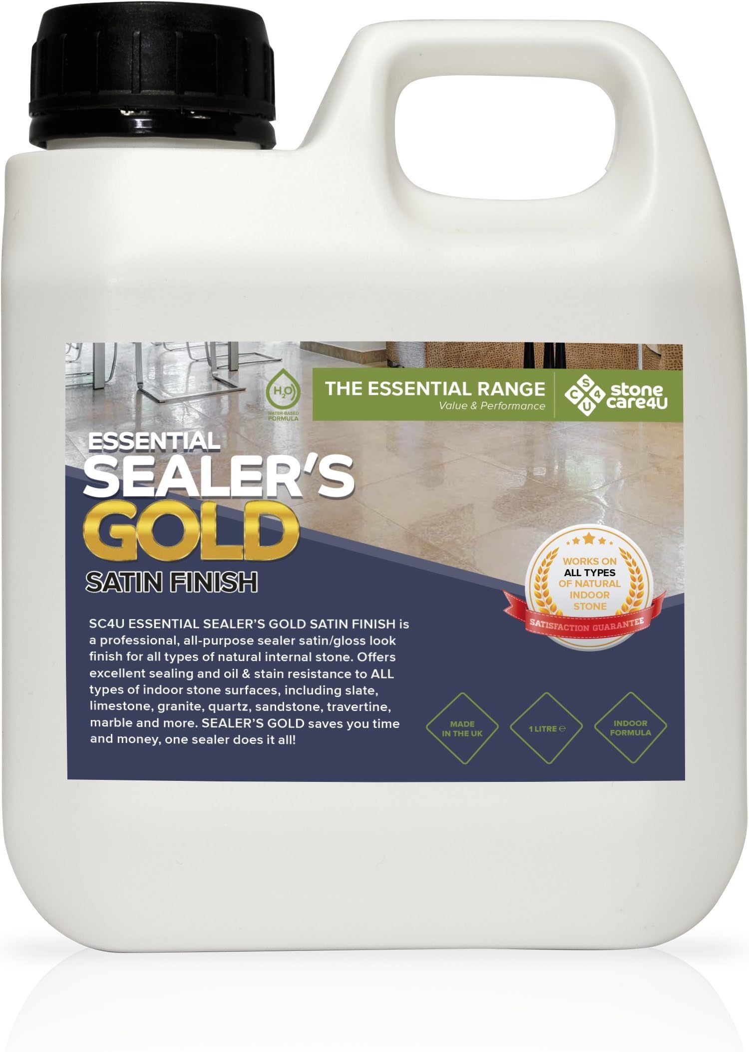 Essential Sealers Gold - Satin - 1 Litre Internal Floor and Tile Sealer. Long Lasting, Wet Look/Gloss Finish, Stain Resistant Coating. The Professionals Choice