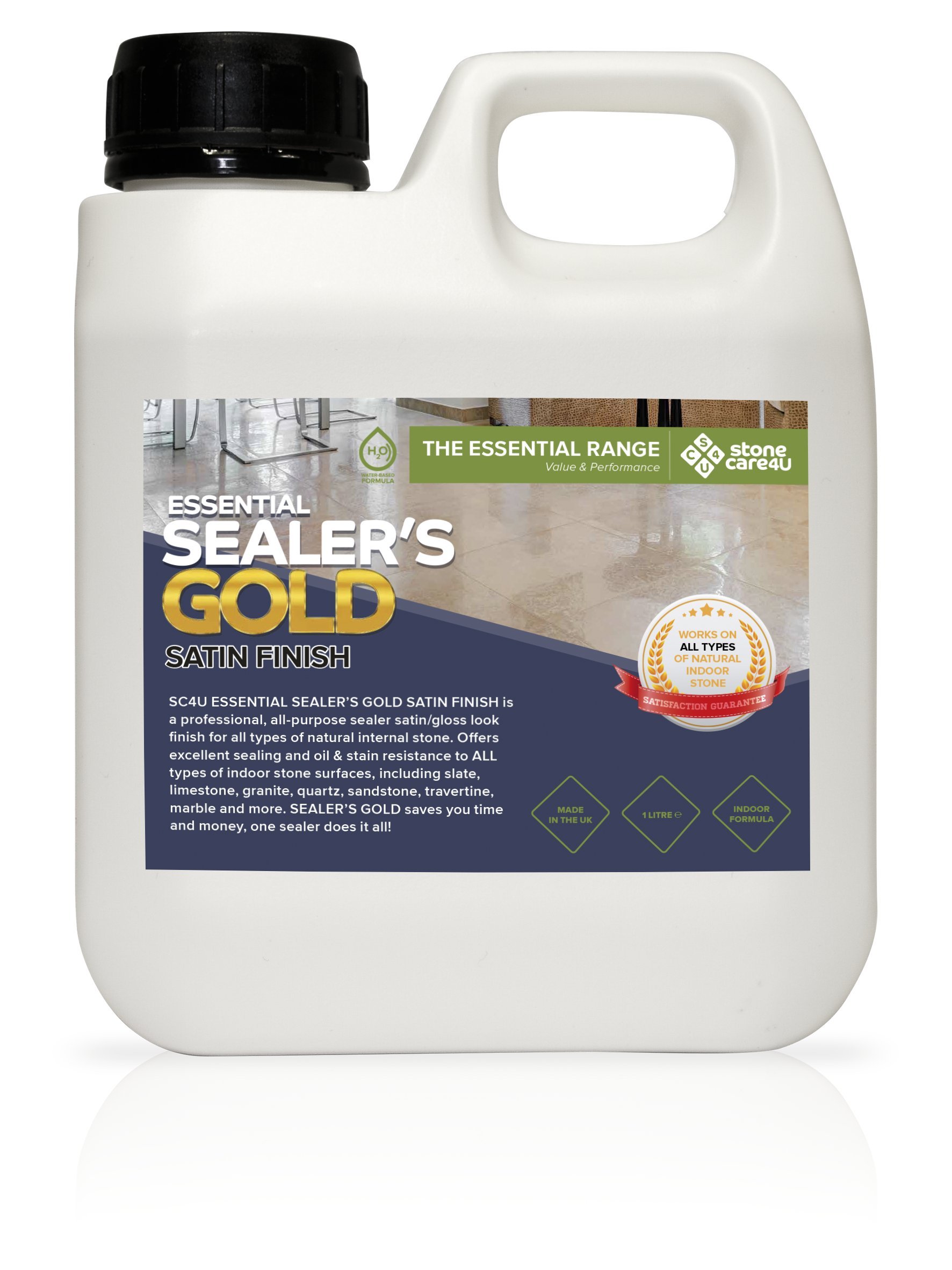 Essential Sealers Gold - Satin - 1 Litre Internal Floor and Tile Sealer. Long Lasting, Wet Look/Gloss Finish, Stain Resistant Coating. The Professionals Choice