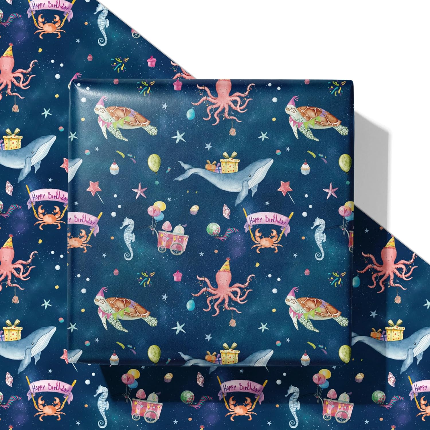 SaringSwoon Ocean Birthday Wrapping Paper for Boys Girls Kids - Navy Blue Gift Wrap with Whales, Octopus, Seahorse and Happy Birthday on Galaxy Design for B-Day Baby Shower - 40×28 Inches, 4 Sheets