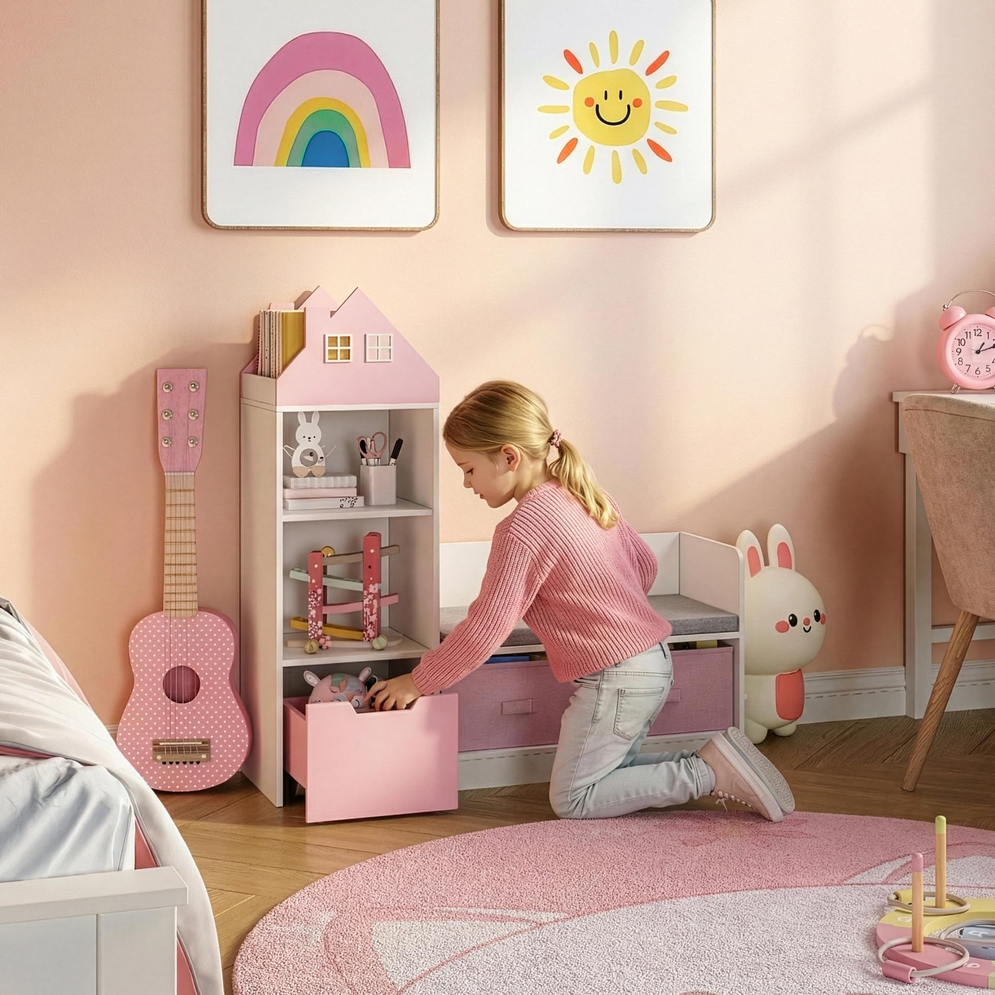 [en.casa] Estantería Infantil Vipsali en Forma de Casa con Banco 4 Compartimentos Abiertos 2 Cajas Plegables 1 Cajón Librería para Niños Niñas 100 x 99 x 30 cm - Rosa/Blanco
