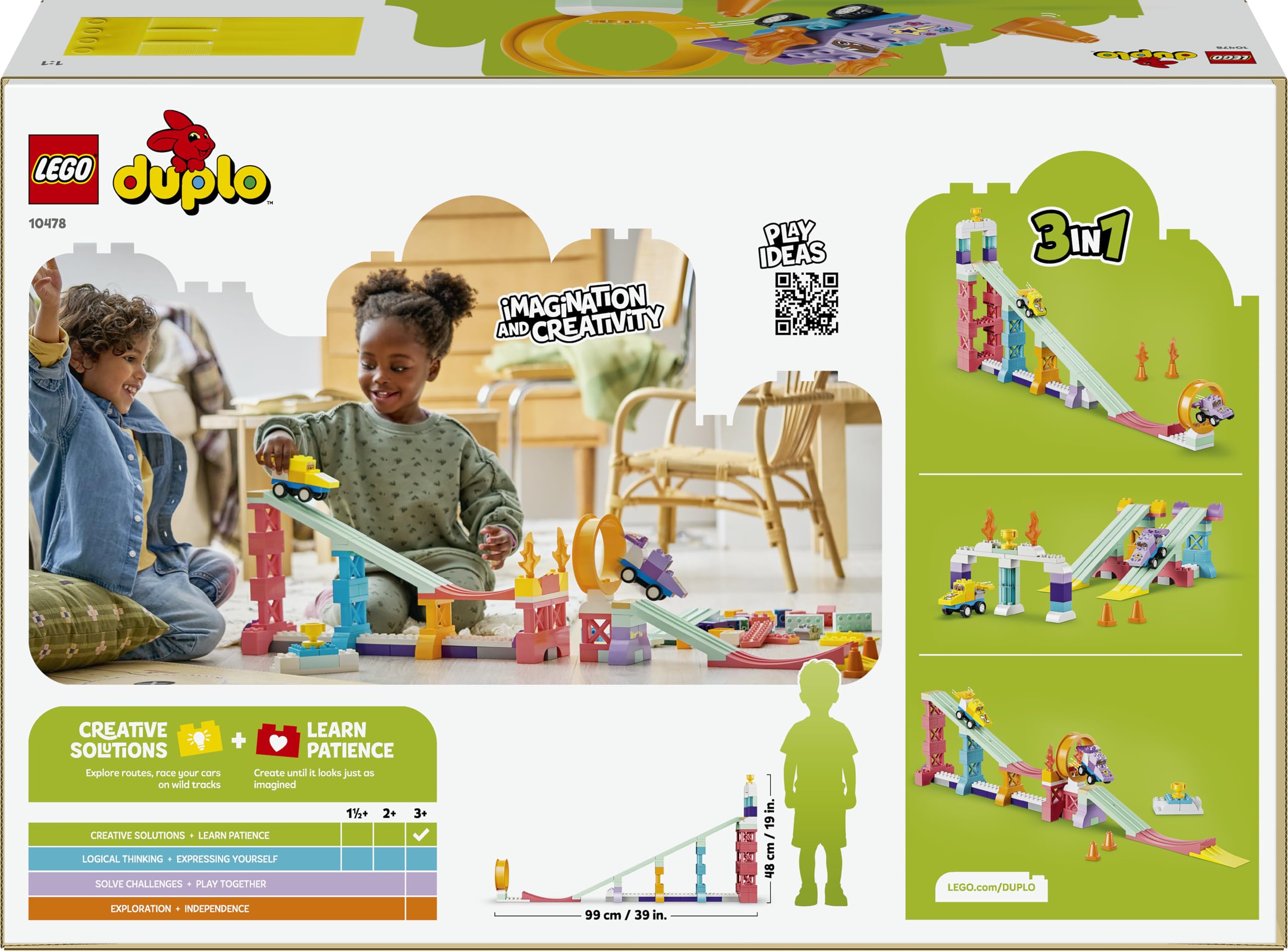 LEGO Duplo Rampas Creativas “3 en 1” con Vehículos – Juego Educativo de Clasificar Colores - Juguete Montessori con 2 Coches de Carreras - Regalo para Niños y Niñas de 3+ Años - 10478