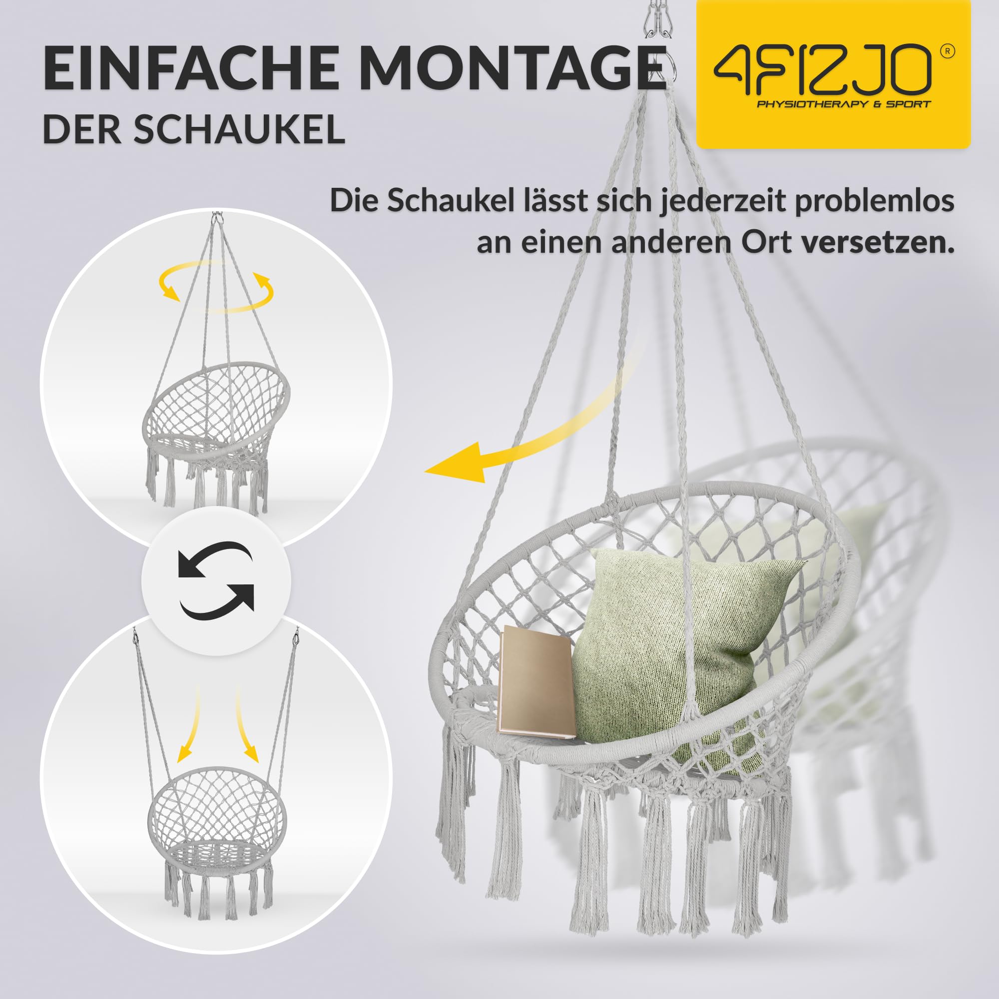 4FIZJO Hängesessel Boho, Makramee hängesessel, Garten schaukel, Hängekorb, Schaukelkorb, Therapieschaukel Kinder, Hängesessel Indoor & Outdoor, Hängesitz Patio-Rasen, Maximale Belastung 125 kg, Grau