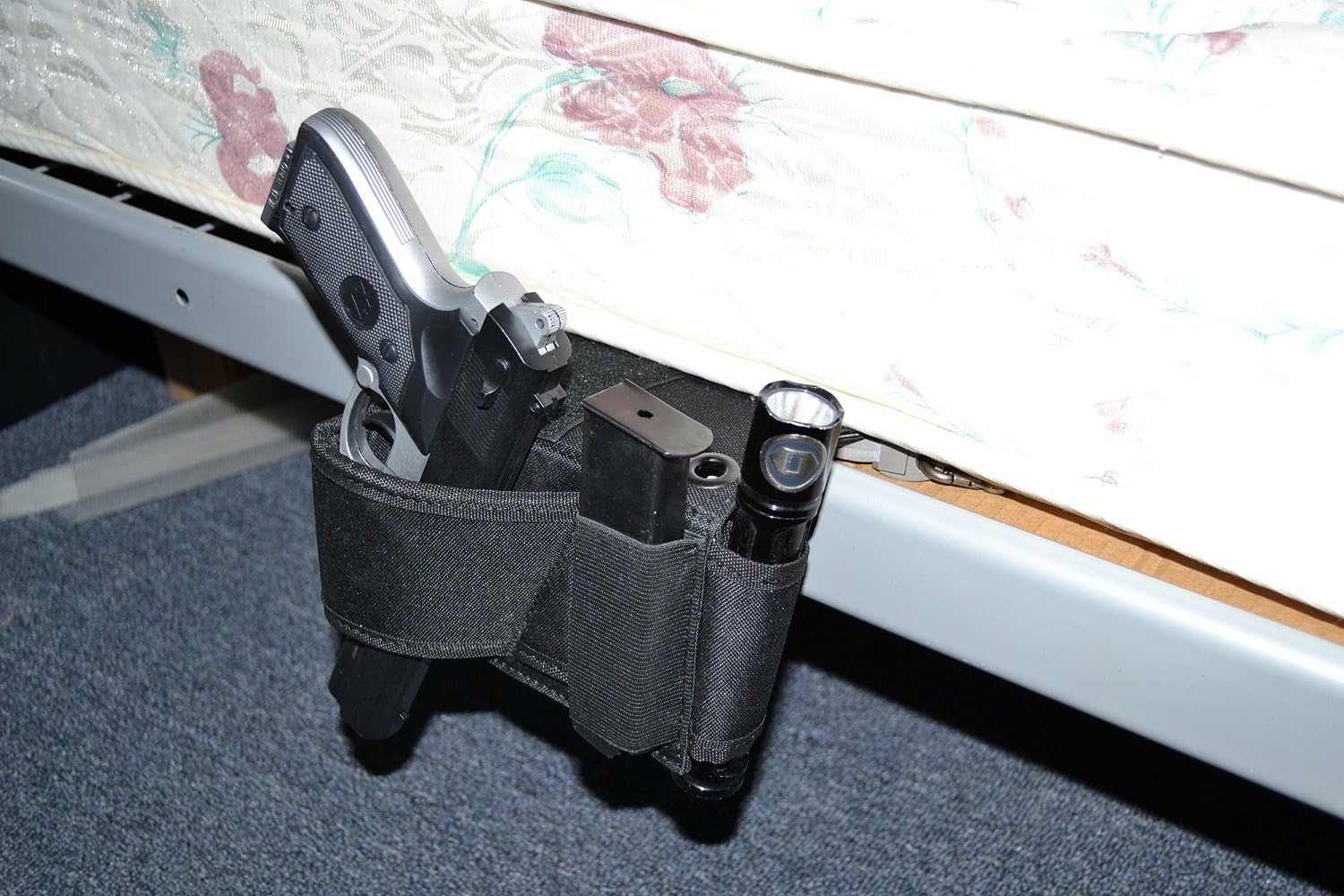 Under Mattress Bed Handgun Holster with Tactical Flashlight Loop