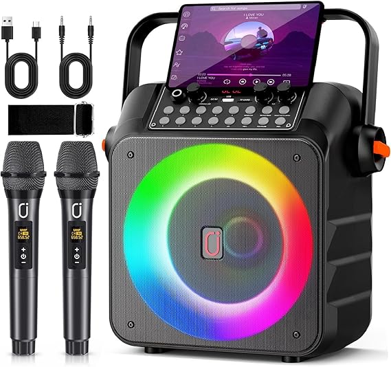 Karaoke Machine for Adults Kids: HWWR Portable Bluetooth Speaker with 2 Wireless Microphones, 6.5" Subwoofer, LED Lights, PA System with Karaoke Microphone Support REC/USB/AUX for Home Party