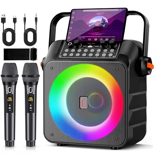 HWWR Karaoke Machine for Adults, Portable Bluetooth Speaker with 2 Wireless Microphones, 6.5" Subwoofer, LED Lights, PA System with Karaoke Microphone Support REC/USB/AUX for Home Party