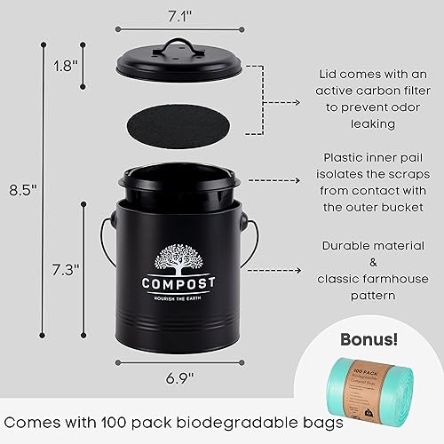Miniatura 5 de Perfnique Cubo de Compost de Cocina, Cubo de Compost de Encimera de 1.3 Galones con Tapa, Cubo de Compost Interior Incluye Revestimiento del Cubo