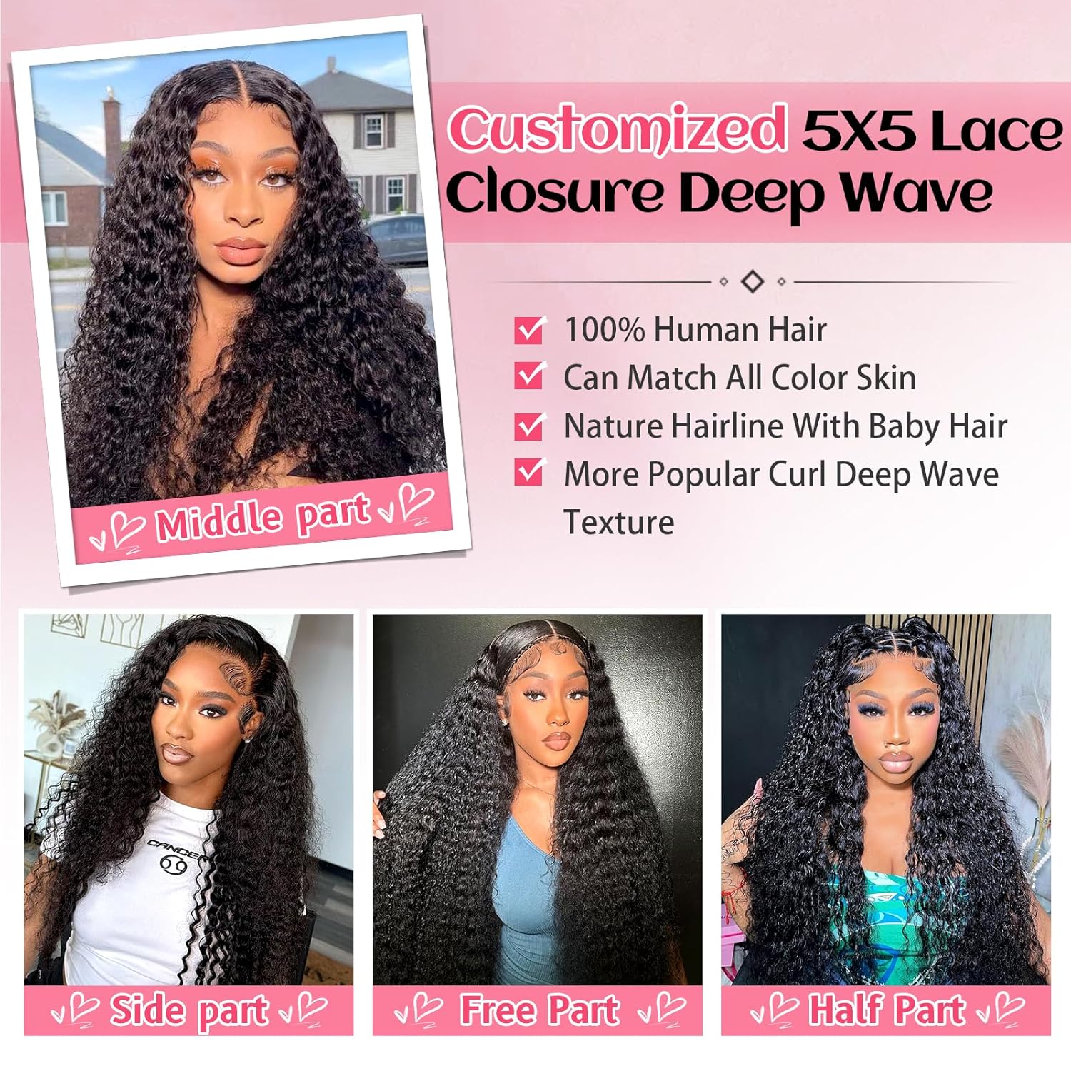 5x5 Lace Closure Wigs Human Hair Deep Wave Pre Plucked Curly HD Transparent Lace Front Wigs with Baby Hair Natural Hairline 180 Density Gluesless for Women Natural Black Color 26 Inch