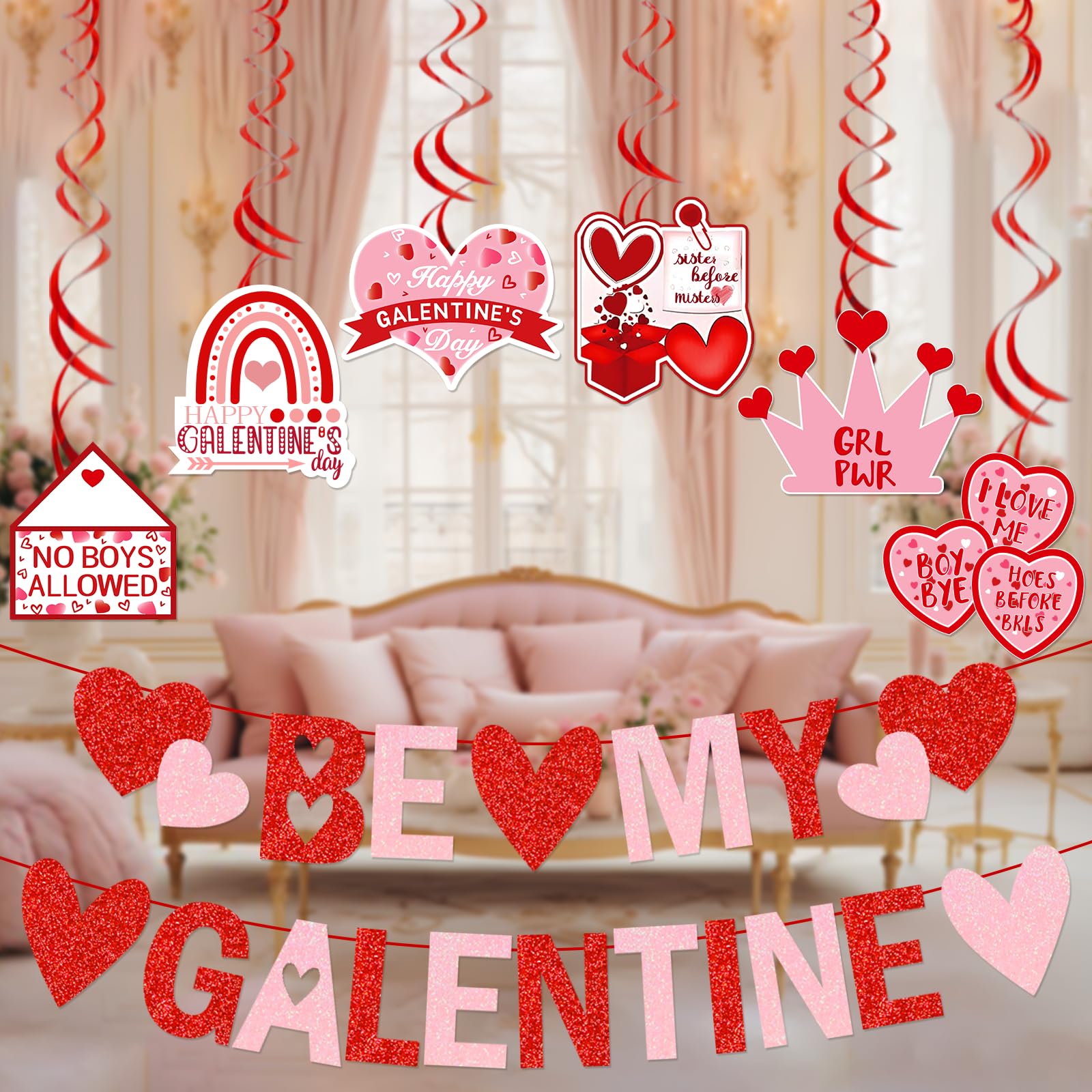 Ghirlanda E Banner Be My Galentine Per Decorazioni San Valentino – Set Con Striscione E 6 Vortici Glitterati, Tema Rosa Per Feste Tra Amiche - 5