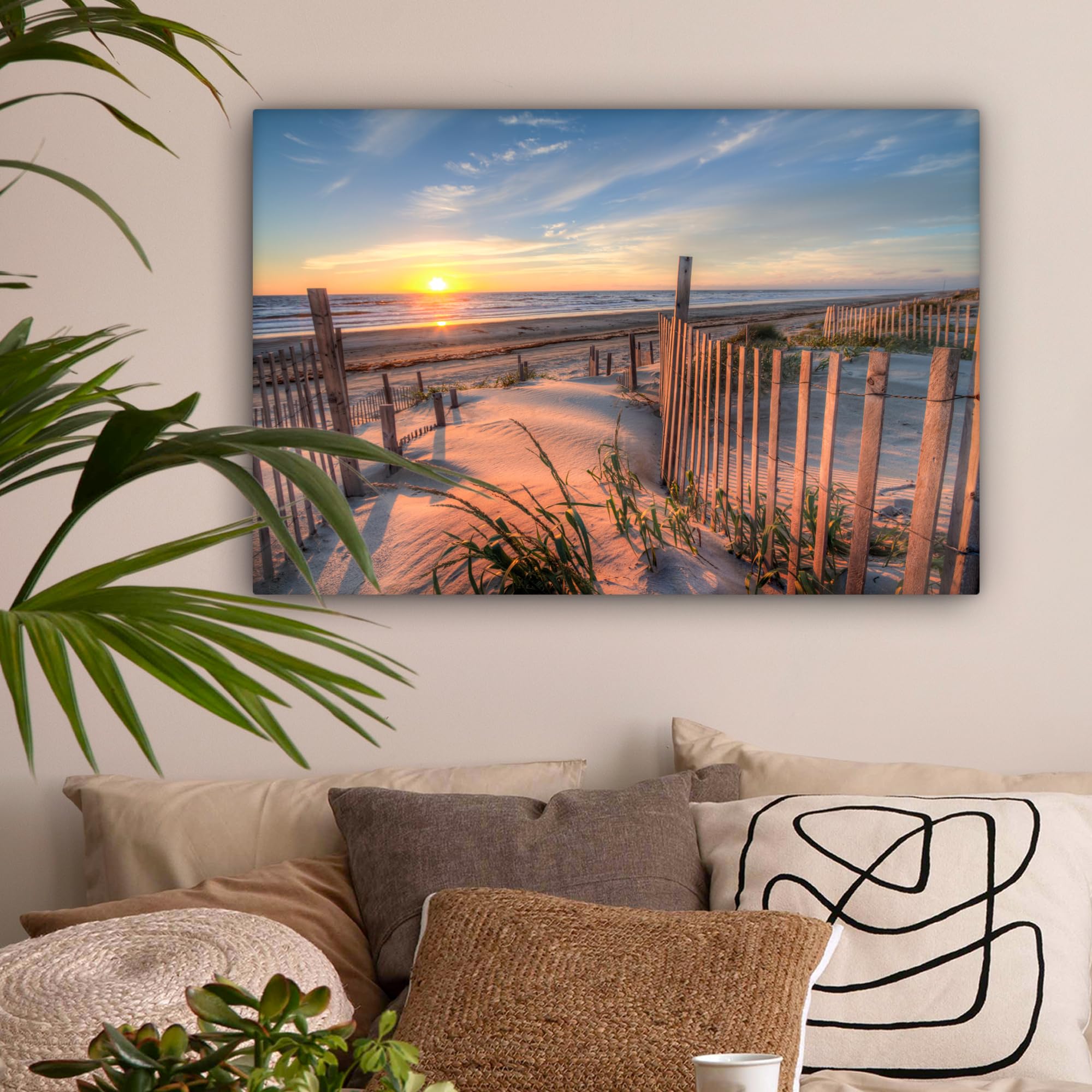 MuchoWow© Impression sur Toile Decoration Murale Peinture 90x60 cm Tableaux Decoratifs Muraux Déco Chambre Tableau Salon Dune - Coucher de soleil - Plage - Plantes - Mer