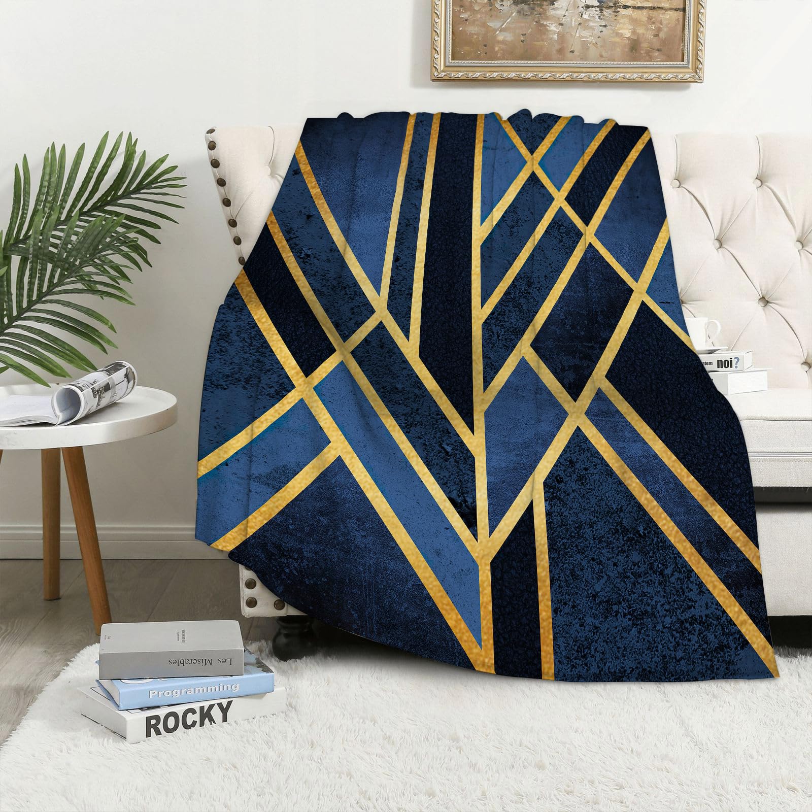 MAAPCHP Flannel Fleece Blanket Throws for Sofa Fluffy Blanket Bed Throw for Bedroom Geometric Abstract Gold Stripes Marble Dark Blue Navy Fashion Blanket for Bed, Couch,Car 60x80in