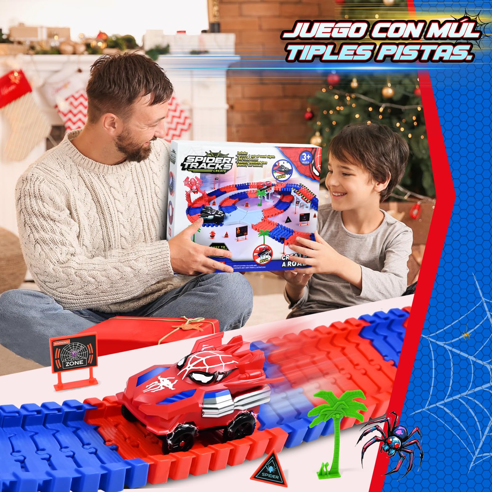 PATEMZON Circuito de Carreras, Pista Spider, Circuito Pista Coches De Juguetes 2 Vehículos, 208 PCS Circuito de Carreras Flexible de 360, Juguetes de Carreras para Niños Mayores de 3 Años