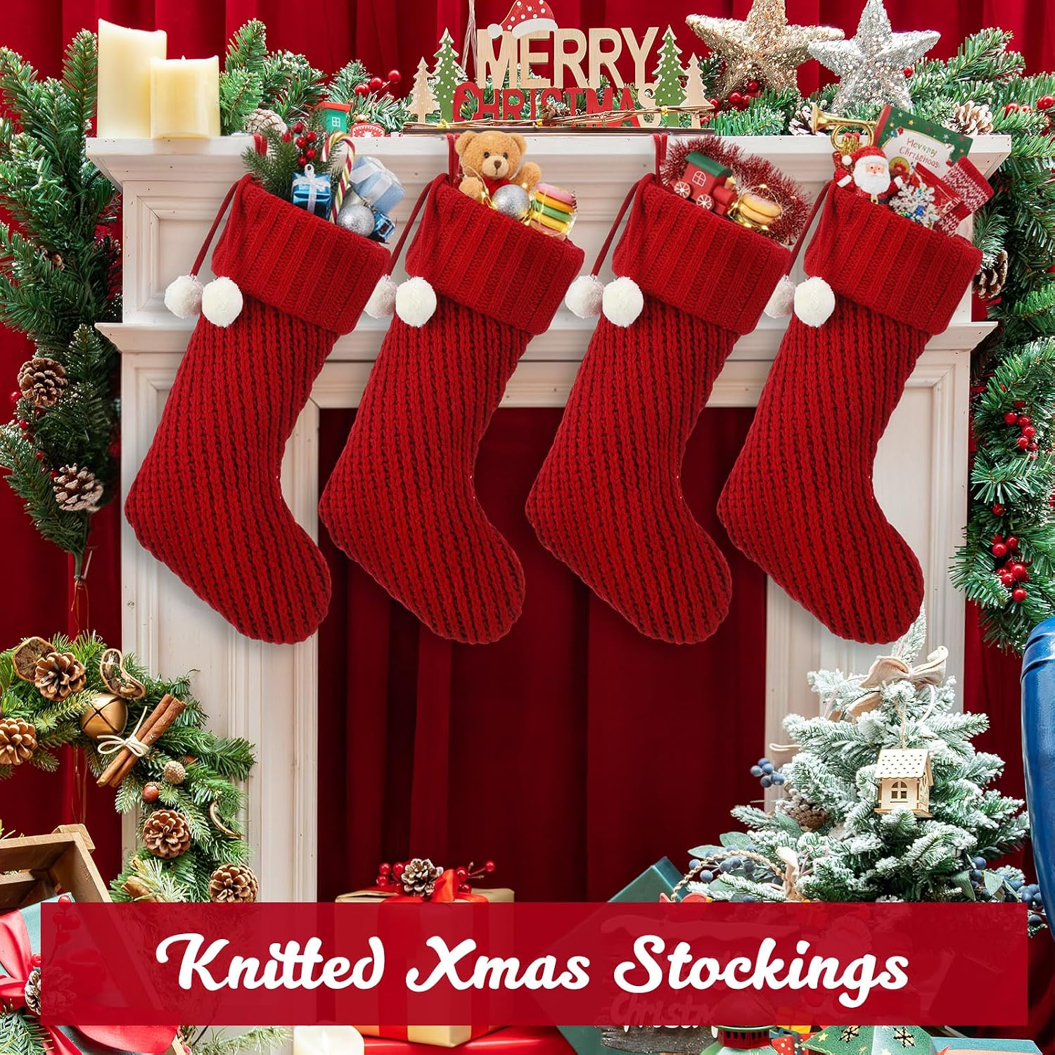 Vinsot 6 Pcs Christmas Stockings 19 Inch Large Knitted Christmas Stockings with Pompom Hanging Socks for Xmas Tree Gifts for Family Holiday Party Decorations(Red) image 2