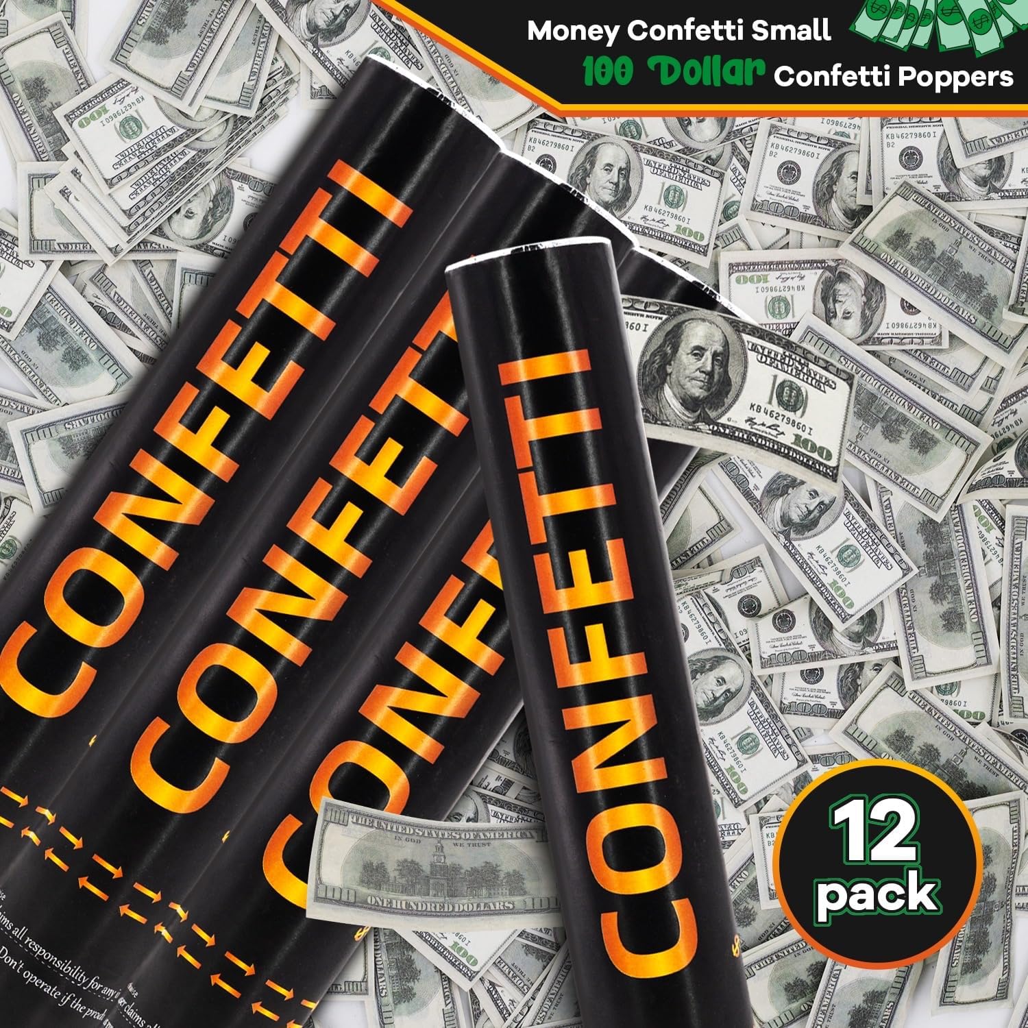 Money Confetti Cannon 12Pack Biodegradable 100 Dollar Bill Money Confetti 12inch Party Poppers for Celebration Opening Activities Birthday Graduation Business Signing - Image 2
