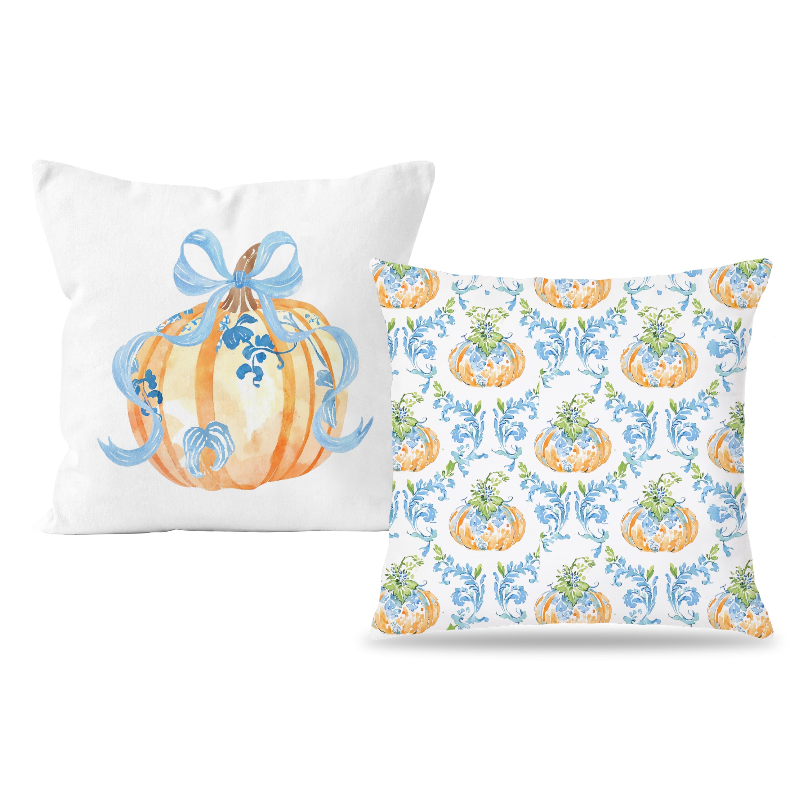 BUJSP Chinoiserie Pumpkin Pillow Covers 18x18 Preppy Fall Decor Grandmillennial Blue Floral Pumpkin Decorative Throw Pillow Covers for