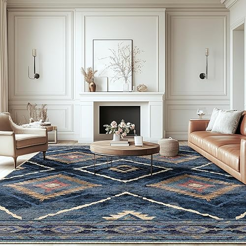 BESTSWEETIE 8x10 Area Rug Machine Washable Non-Slip Low Pile Print Pattern Western and Aztec Rug for Living Room Bedroom Entryway-Darkblue