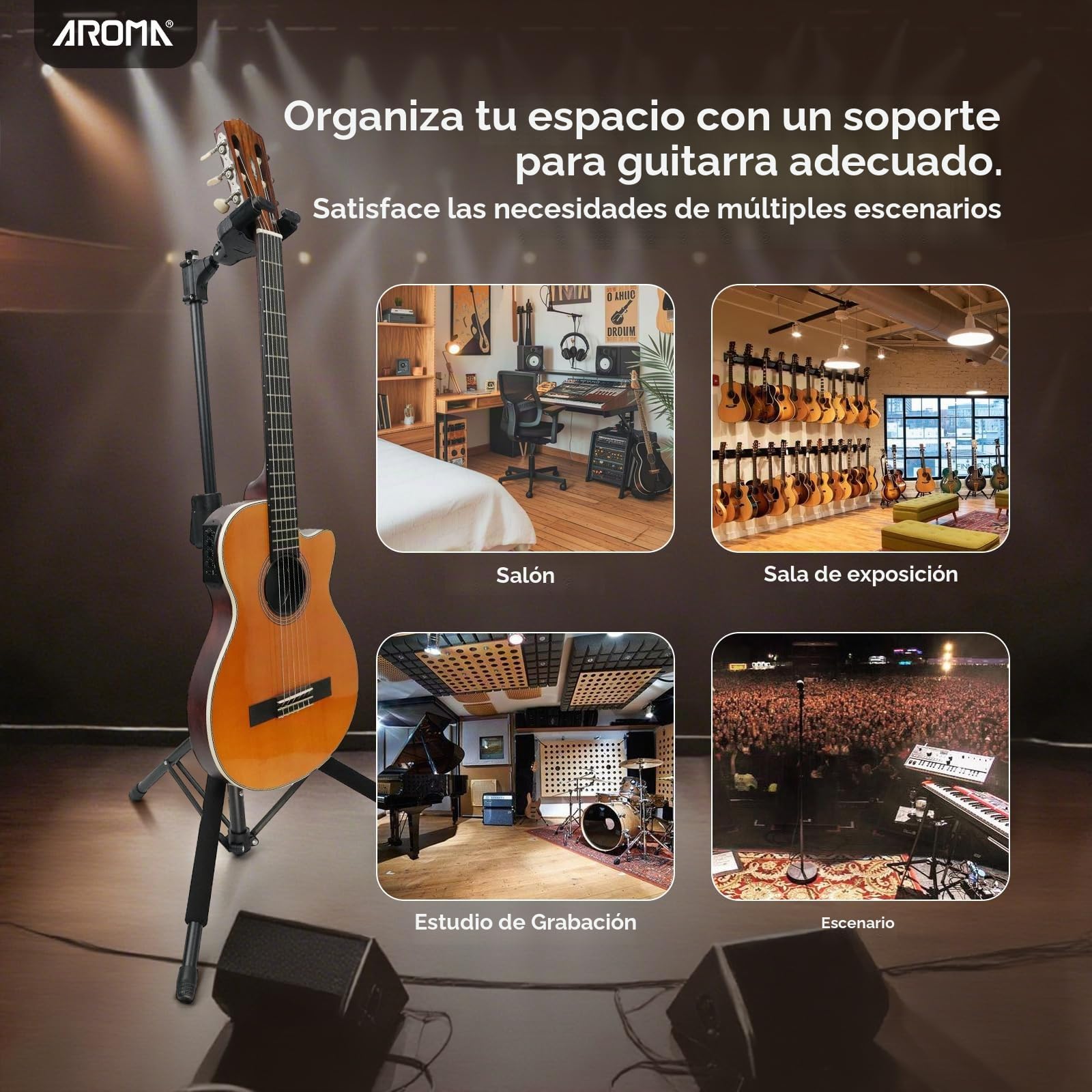 AROMA Soporte de Bajo Universal para Guitarras Acústicas, Eléctricas y Clásicas Soporte de Suelo Plegable con Sujeción Automática del Mástil, Trípode Sólido y Ajuste con un Solo Botón