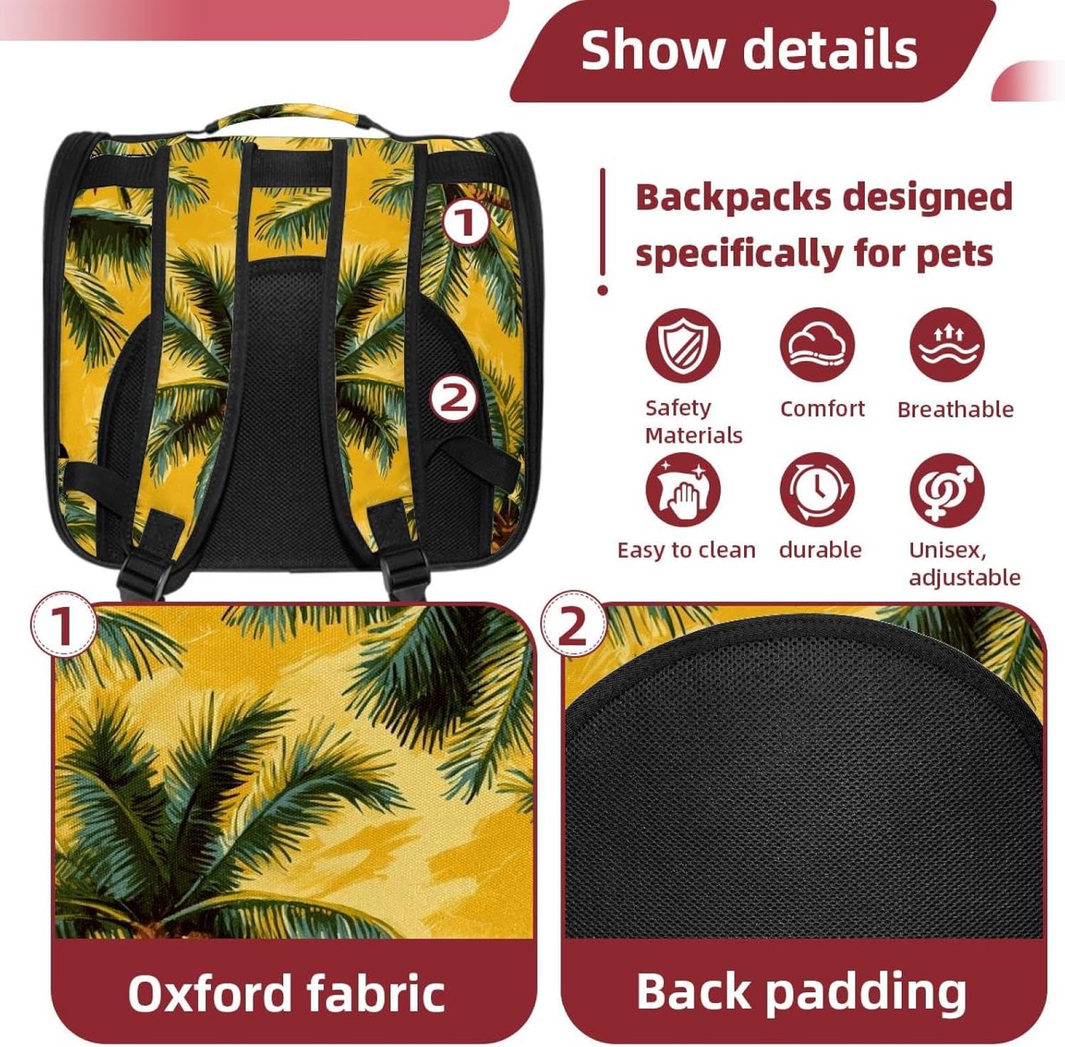 Portable Travel pet Backpack Carrier Hamster Bag Small Dog cat Carrier Breathable Hang Bag, Beach Coconut Tree (2)