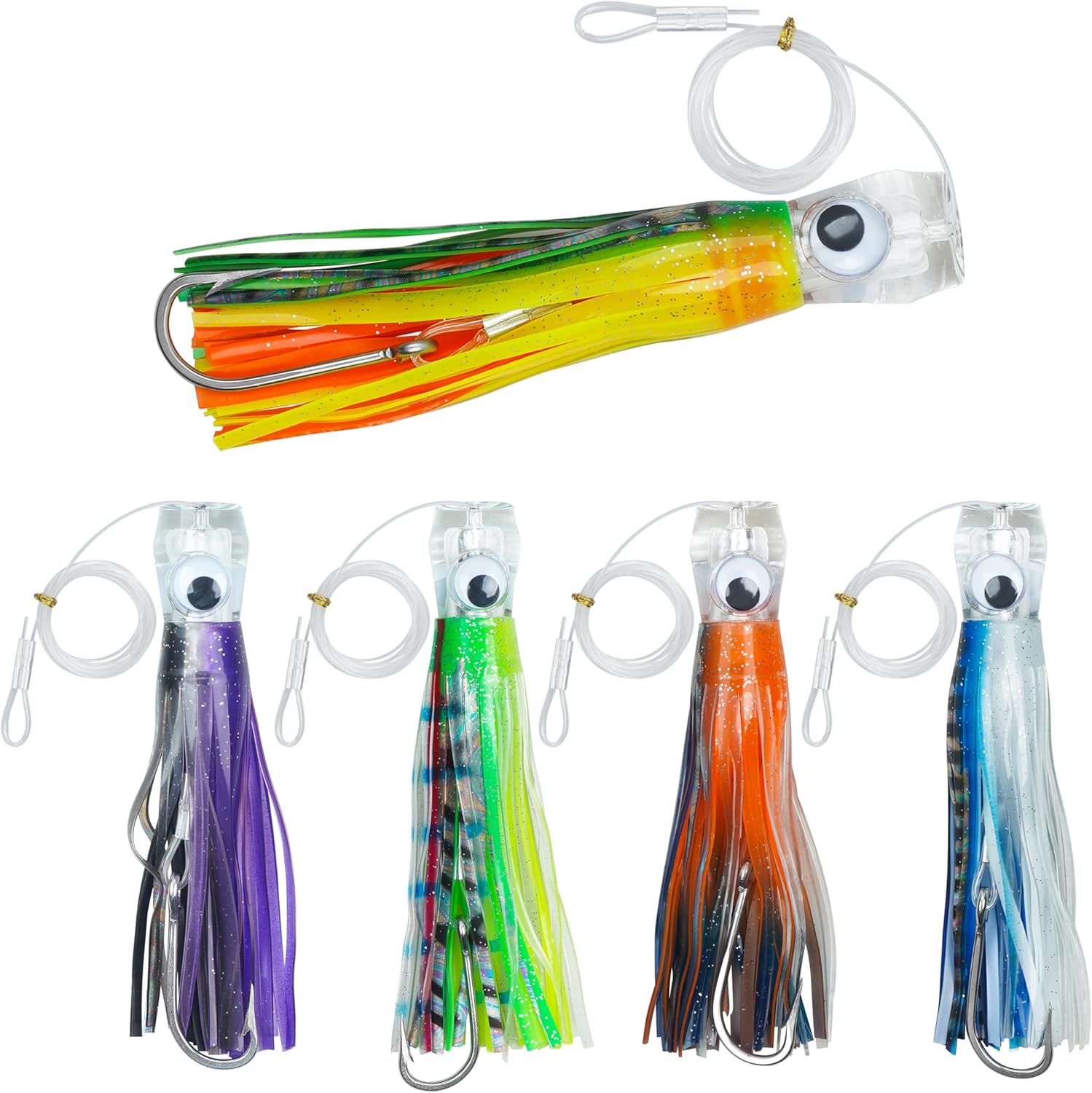 FUSIGO Saltwater Big Game Trolling Lures - 6/8.8 Inch, 5 Colors, 150 LB Leader, Realistic Crystal Head, Soft Squid Skirts, Stainless Steel Hook, Targets Marlin, Tuna, Dolphin, Shark, Wahoo