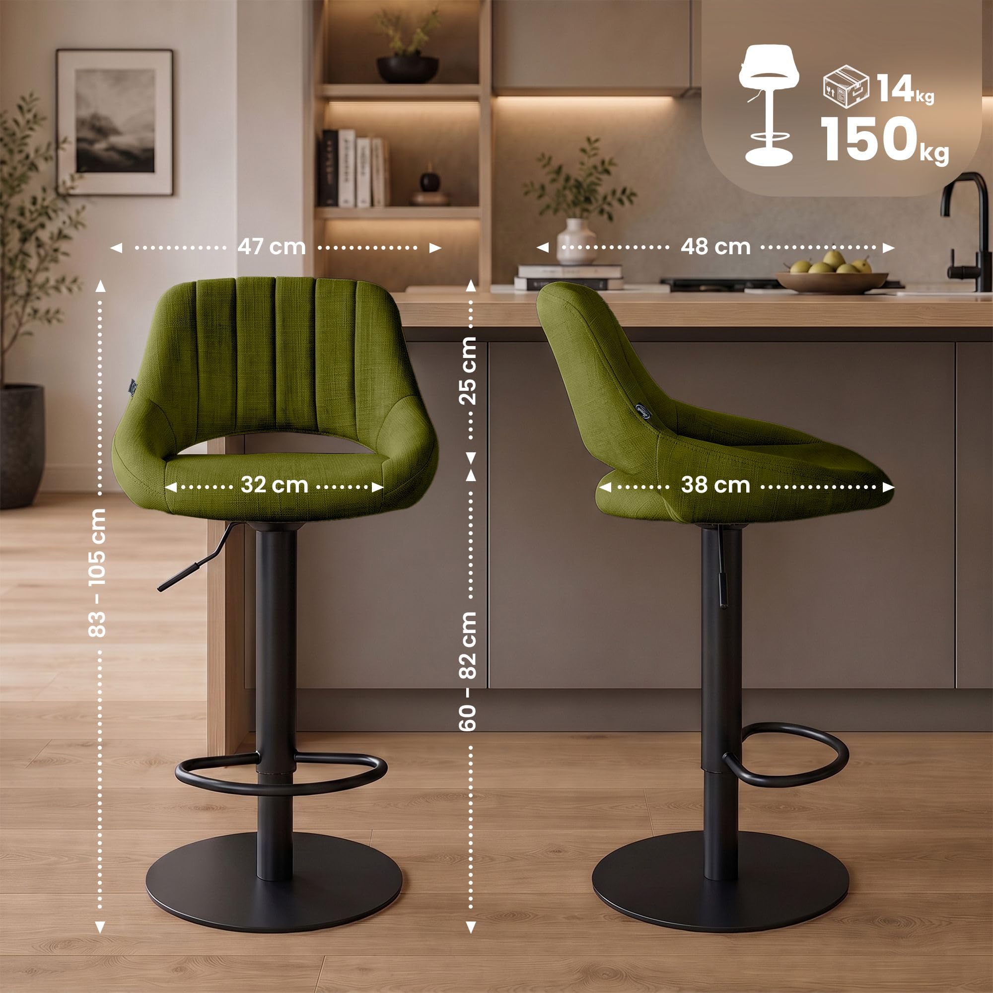 CLP Taburete de Bar Regulable en Altura con Base extrapesada y Asiento Acolchado Milet, Ideal para Cocina y Bar, hasta 150 kg | Color Verde Claro Material Tela