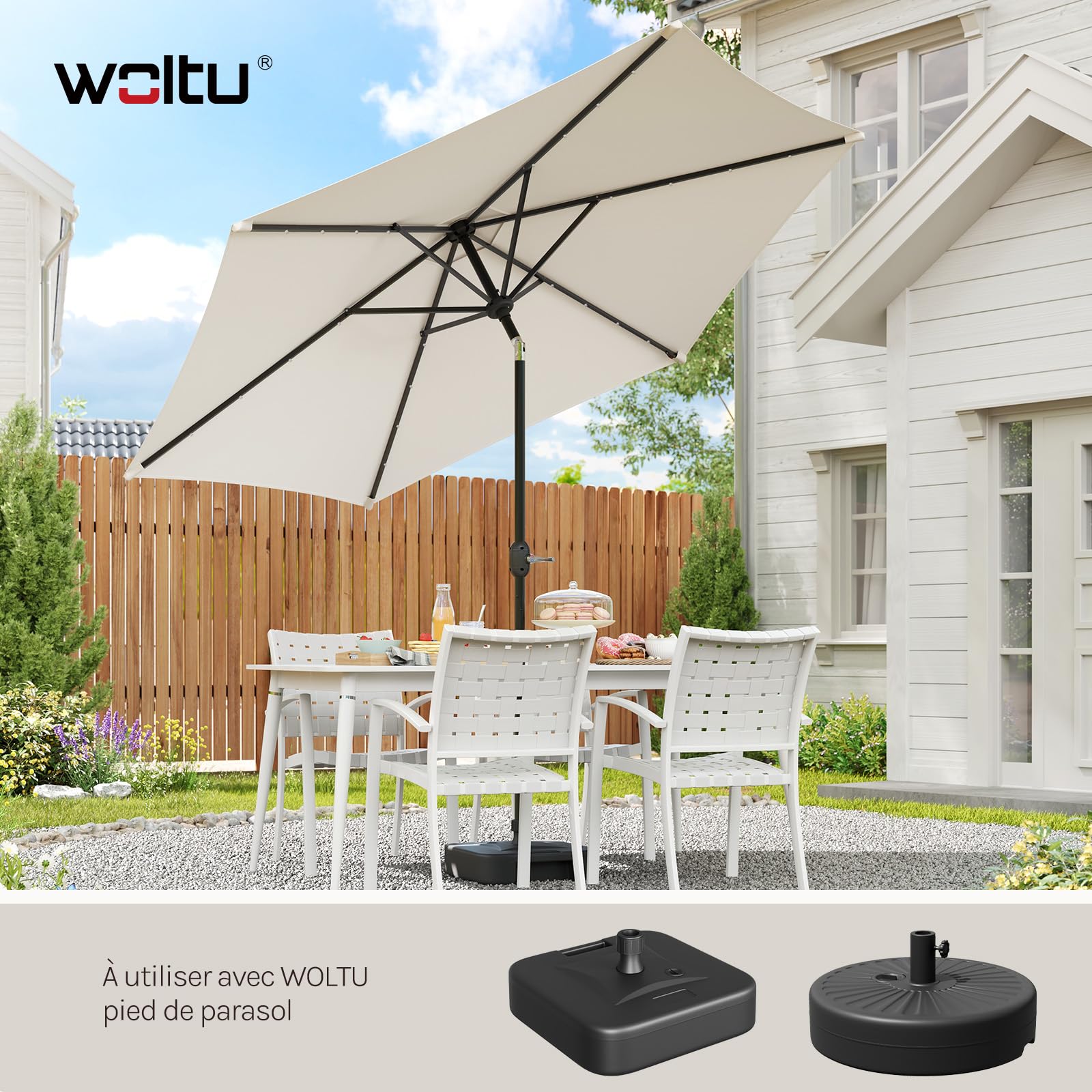 WOLTU Parasol de Jardin Extérieur, Parasol Droit Inclinable avec LED Solaire, Ø 3cm, avec Manivelle, Inclinaison Réglable, Protection UV 50+, pour Balcon ou Terrasse