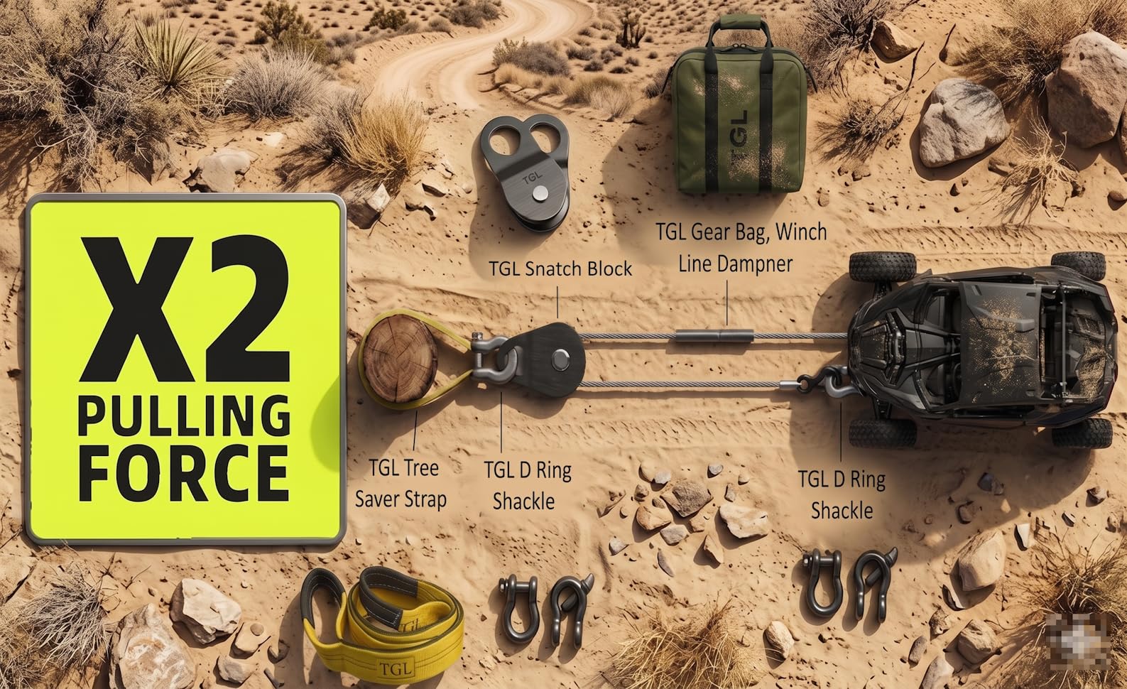 TGL 3 inch, 8 Foot Tree Saver, Tow Strap with 2-Pack D Ring Shackles and 10 Ton Snatch Block