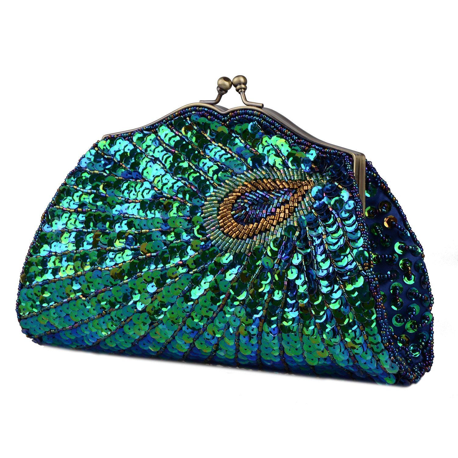 LIFEWISH Women's Unique Luxury Sequins Beaded Evening Bag Wedding Bridal Party Prom Clutch Purse tote Handbag（Peacock blue）