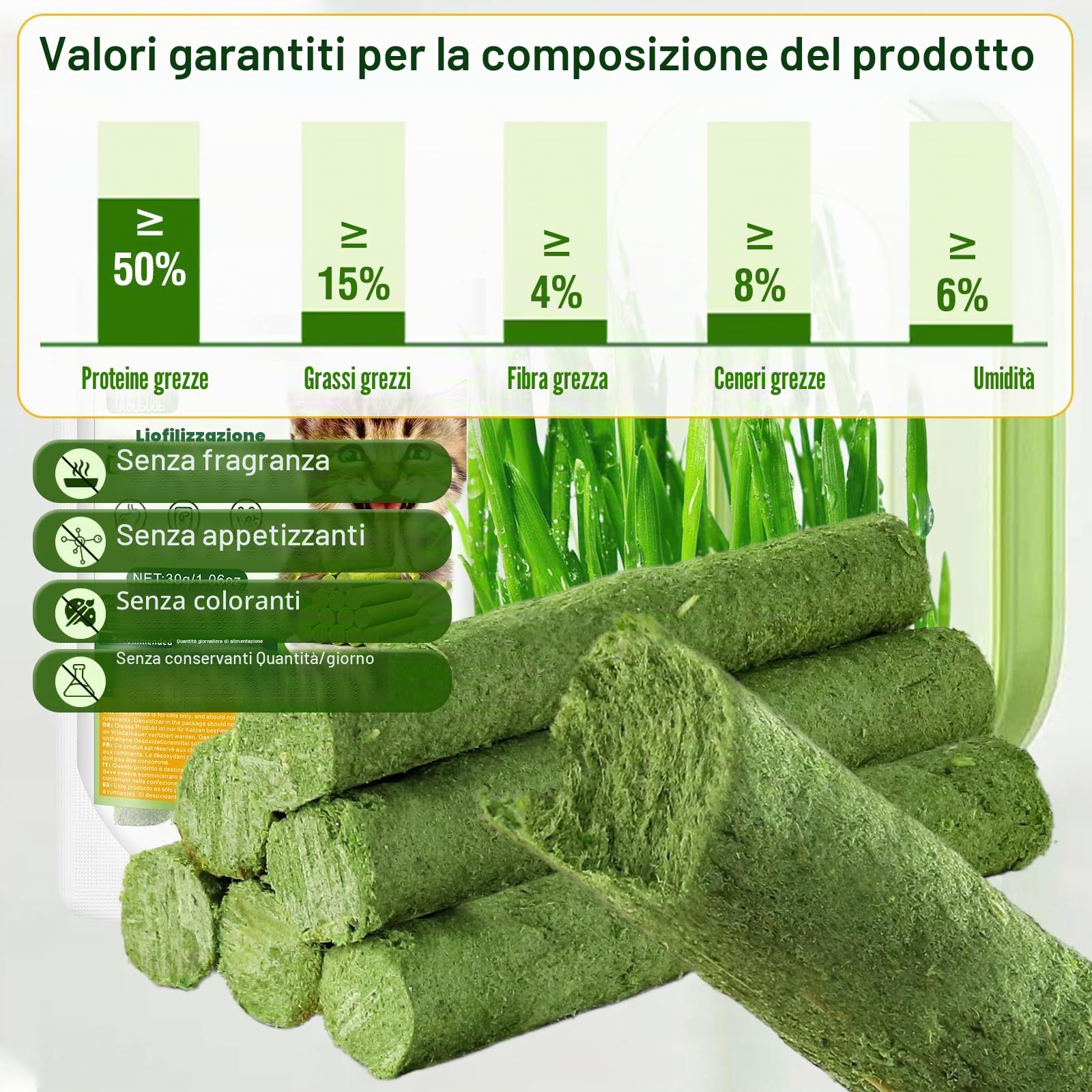 30g Bastoncini di Erba Gatta Liofilizzato, Snack per Gatti Erba Gatta per Gatti Pronta per Elimina Boli di Pelo e Pulizia dei Denti
