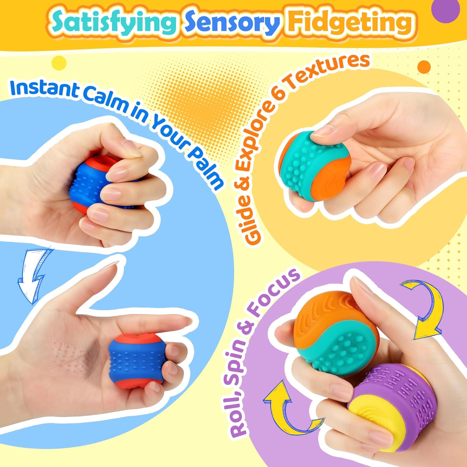 Interchangeable Sensory Fidget Balls, 3 Pack 6 Textured Halves for Mix & Match Tactile Fun, Silent Silicone Stress & Anxiety Relief Toy for Autism, ADHD, Kids Adults, Ideal for Office, Classrom Prizes