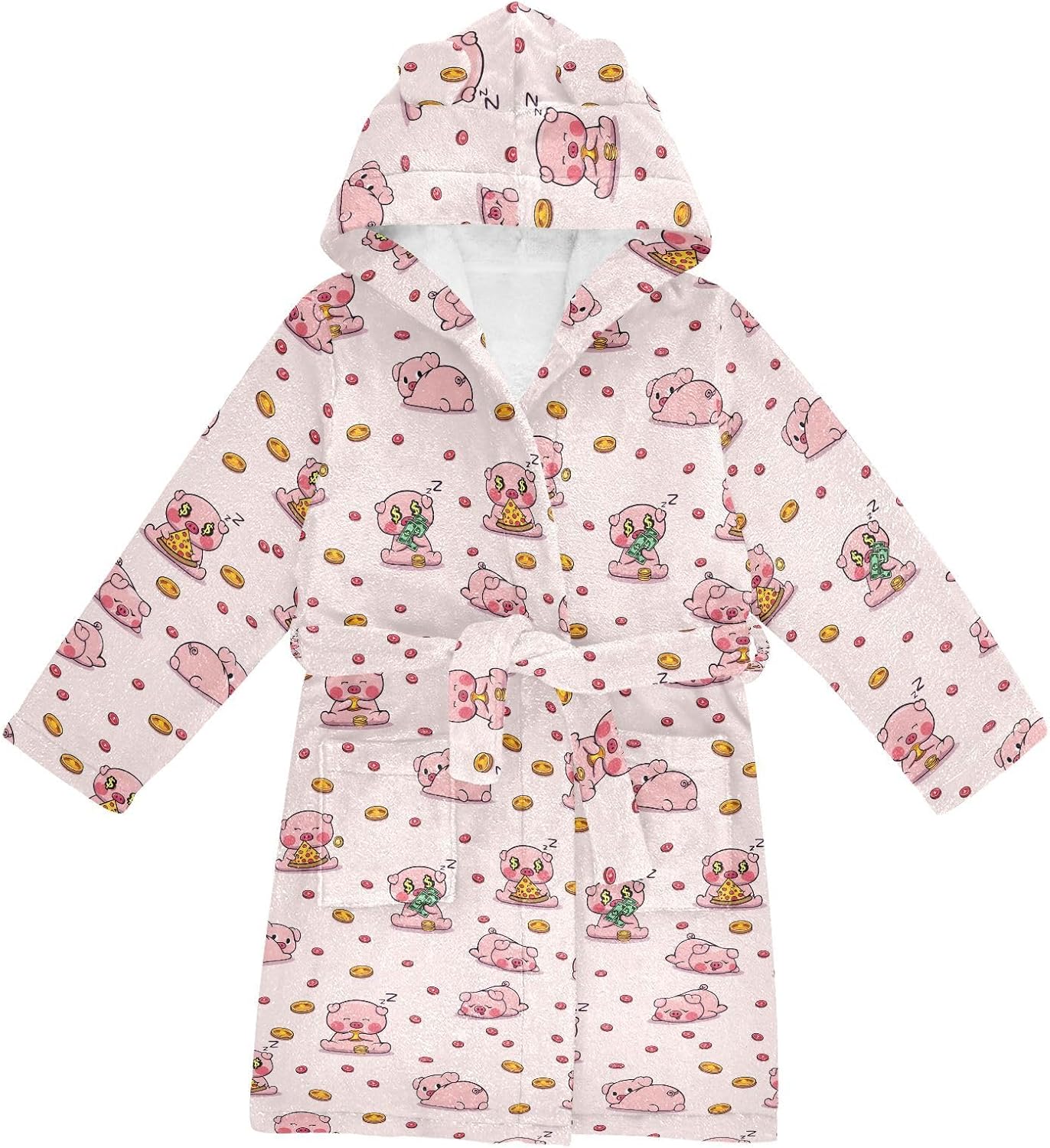 senya Cute Pink Pig Enjoy Life Toddler Hooded Bathrobe Kids Soft Plush Bath Towel Robes for Boys Girls 2-12 Years