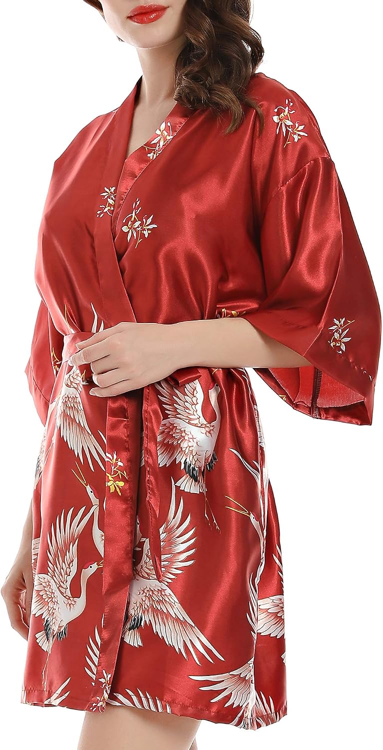Women Kimono Robes Satin Dressing Gown Crane and Blossoms Sleep Lounge Nightwear Short Silk Bride Bridesmaid Robe