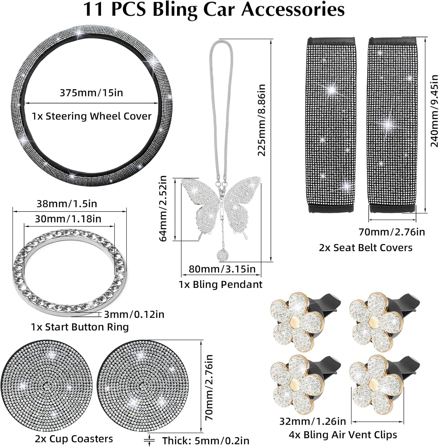 ARTILAURA 11 PCS Bling Car Accessories Set for Women Steering Wheel Covers Butterfly Hanging Seat Belt Cover Cute Air Vent Clips Coasters Glitter Diamond AUTO Interior kit (White)