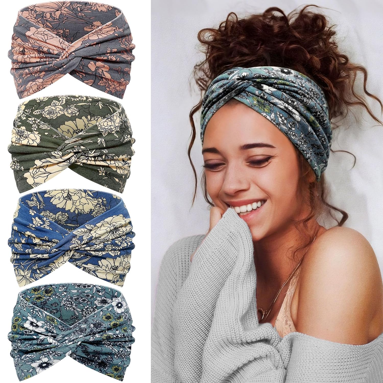 Wide Headbands for Women's Hair, 4 Pcs Hair bands – Vintage Turban Elastic Head Bands Adult Women Soft Head Wraps Knotted for Yoga & Workout – Summer Fashion Hair Accessories(Green flowers)
