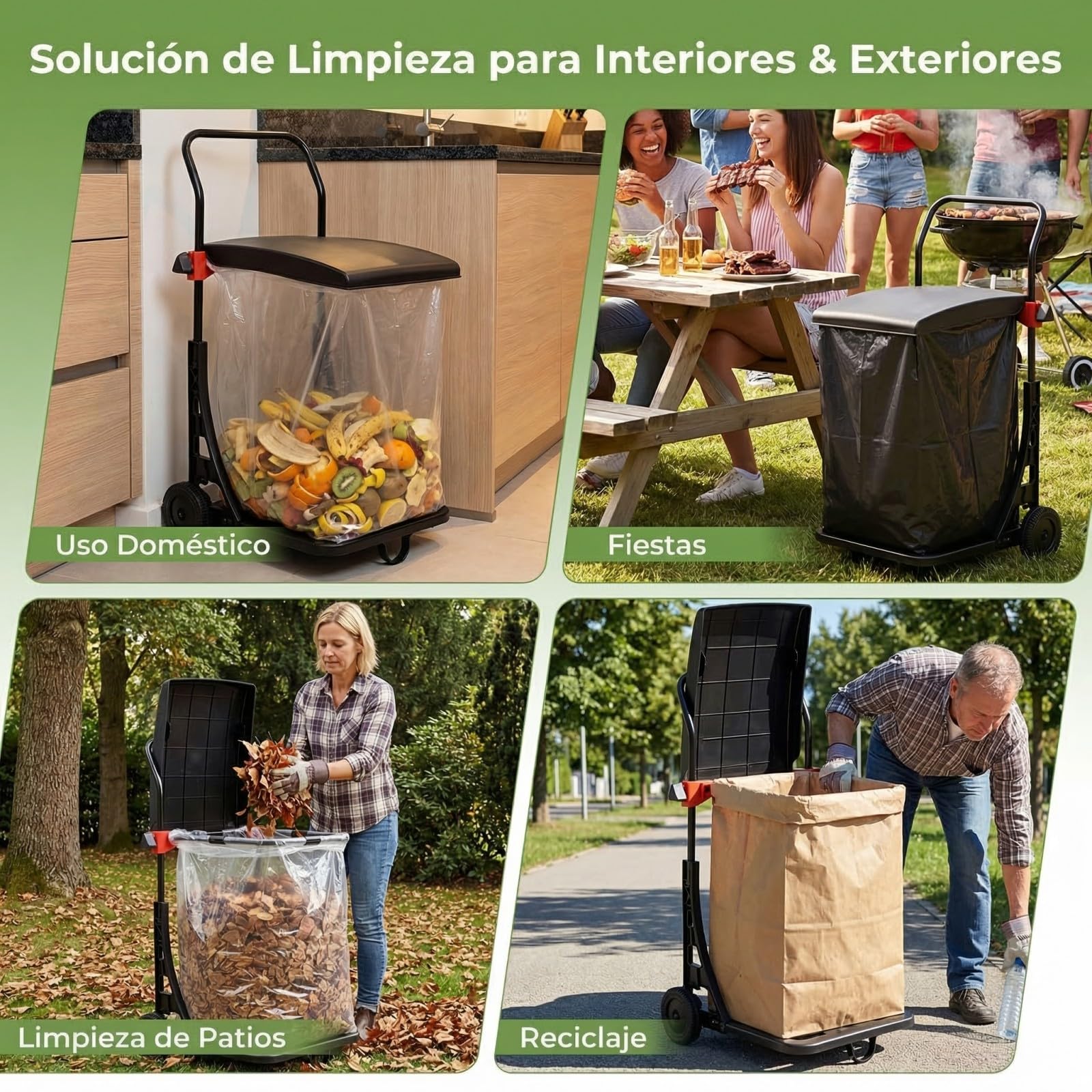 COSTWAY Carro para Bolsas de Basura, Carro Saco Jardín con Ruedas, Tapa con Altura Ajustable, Estructura de Metal, para Interior y Exterior, Soporte para Bolsas de Basura para Césped, Residuos